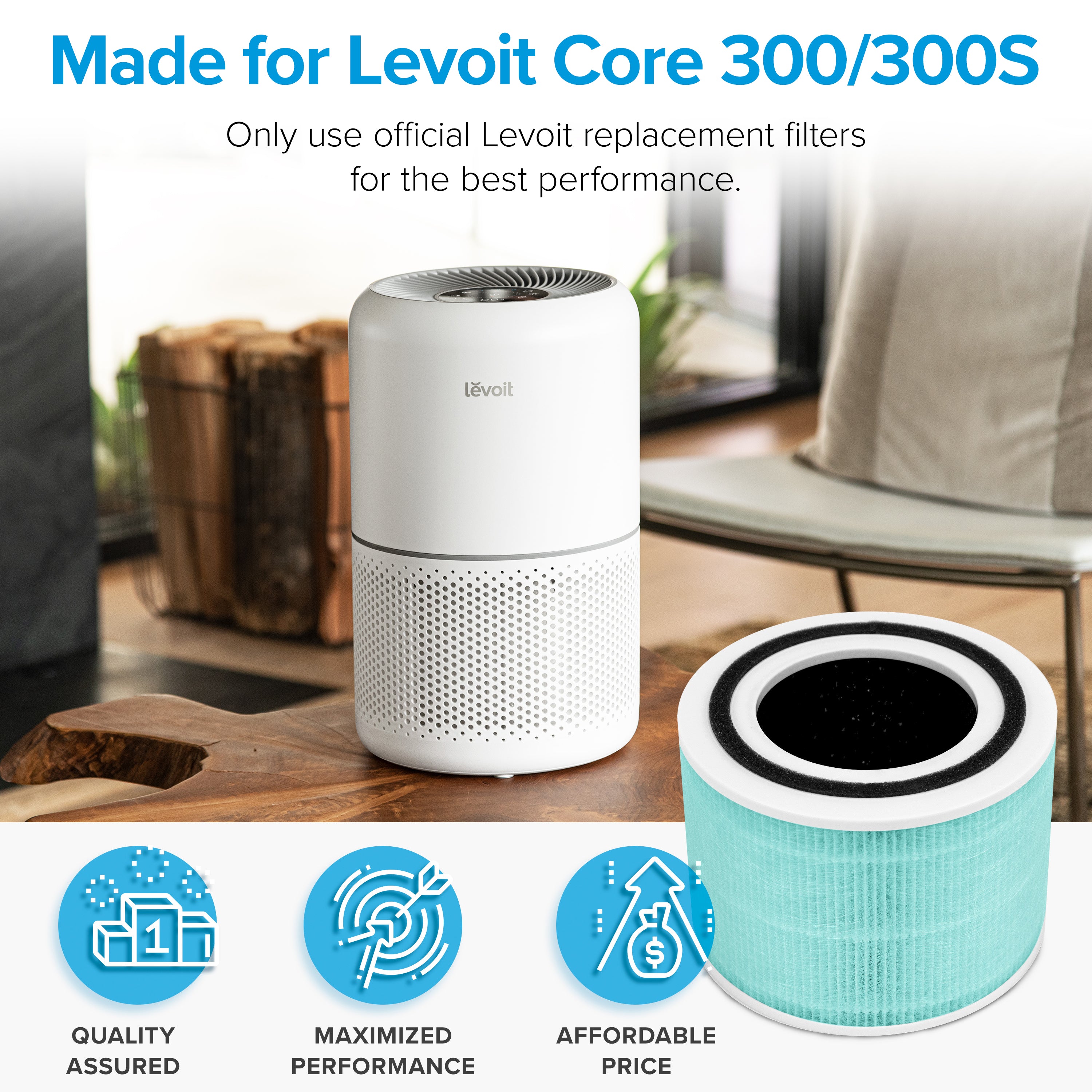 Levoit Core 300/300S air purifier with an official replacement filter for optimal performance, ensuring high quality and affordability