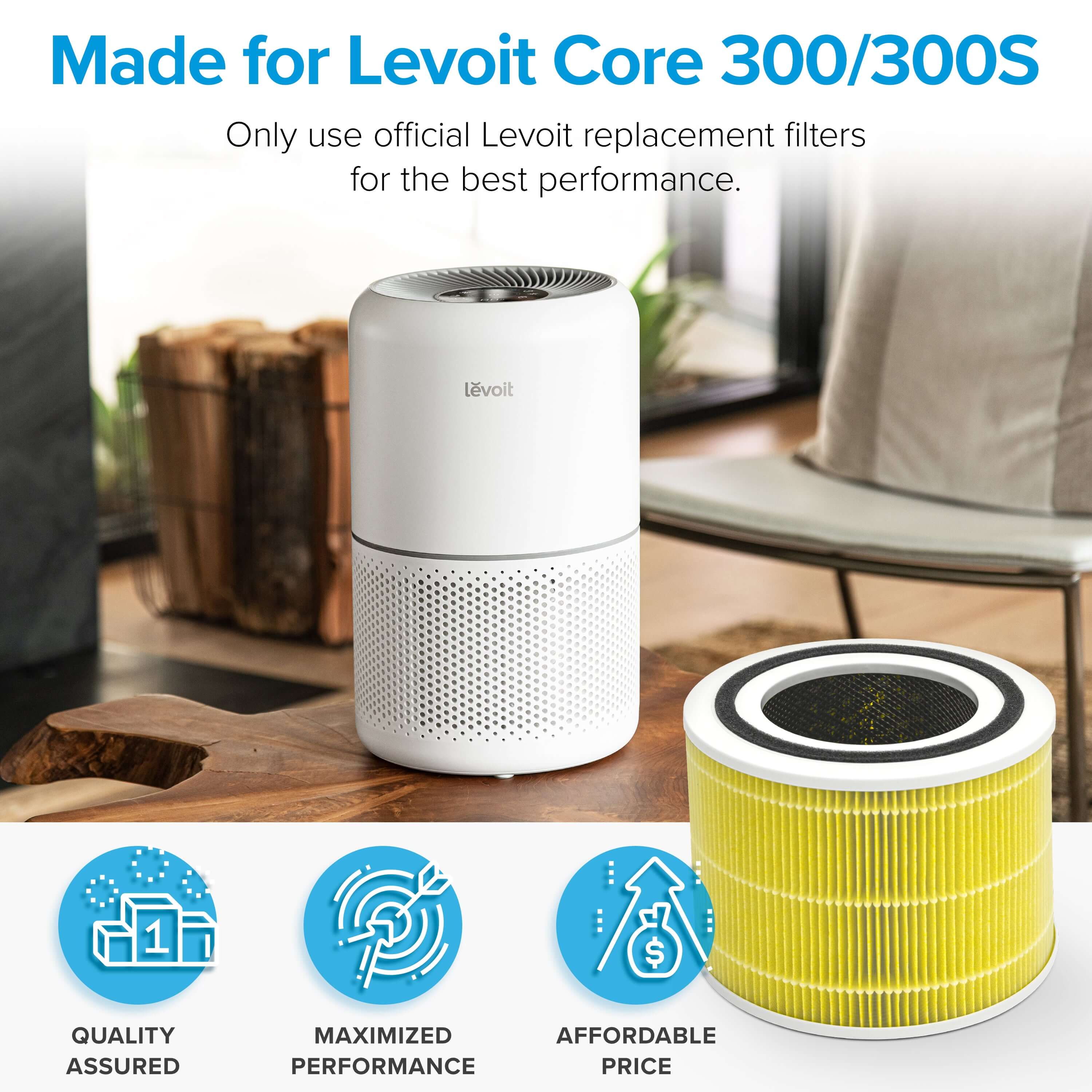 Levoit Core 300/300S air purifier replacement filter, designed for optimal performance with official Levoit HEPA filters