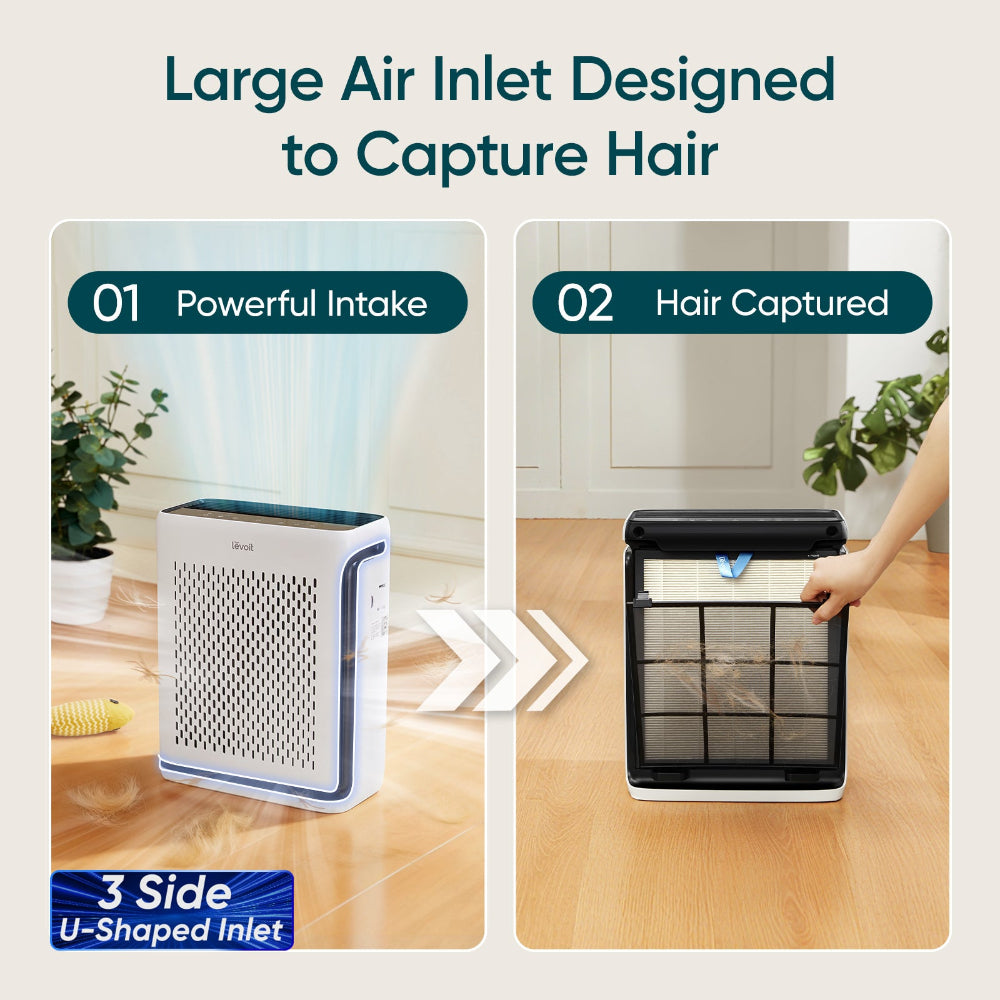 Levoit Vital 100S true HEPA air purifier with carbon filter, 3-side U-shaped inlet capturing pet hair on filter