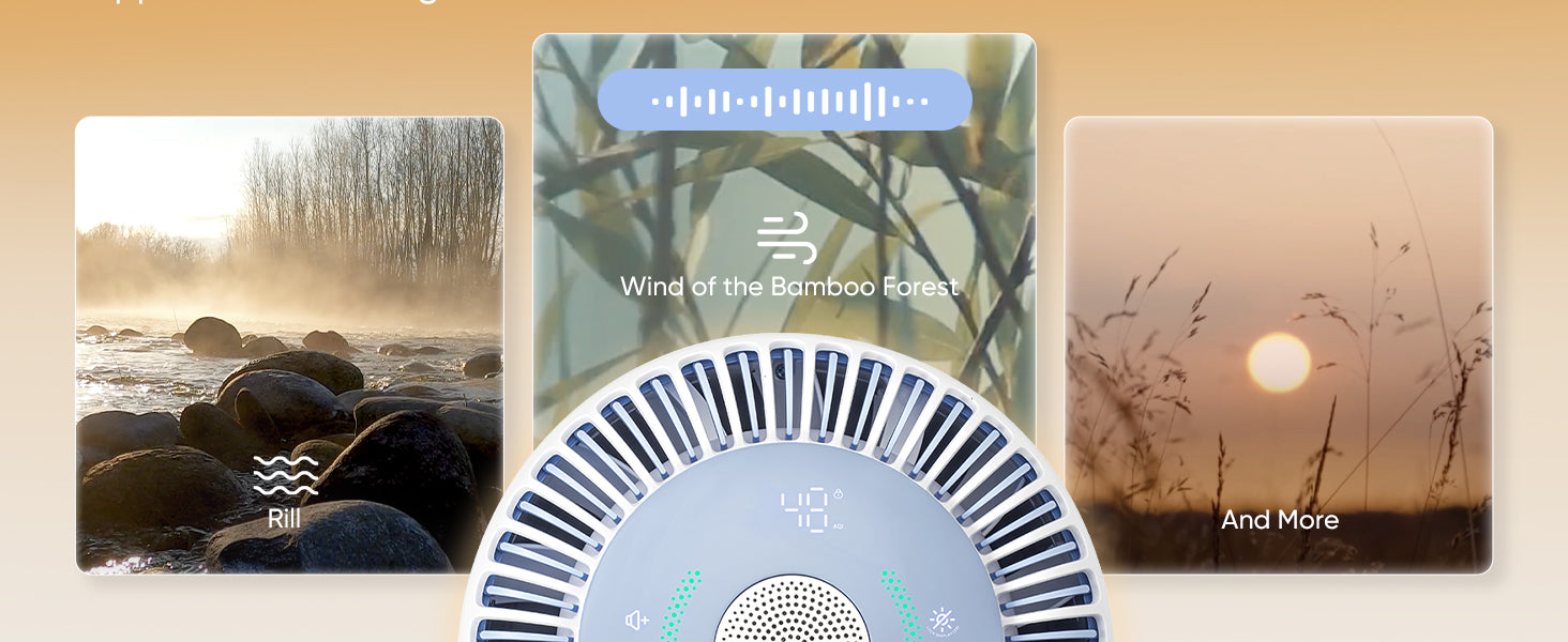 Levoit Sprout hepa air purifier with white noise like rill, wind of ramboo forest and more