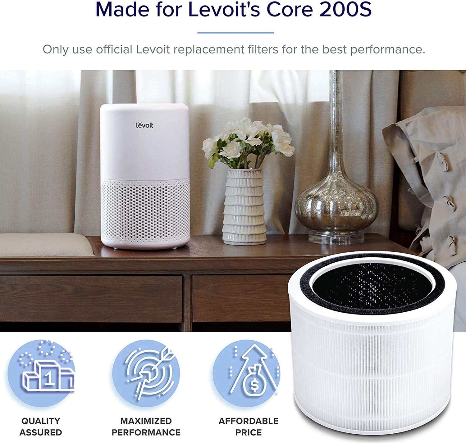 Levoit Core 200S Air Purifier with official replacement filter for home