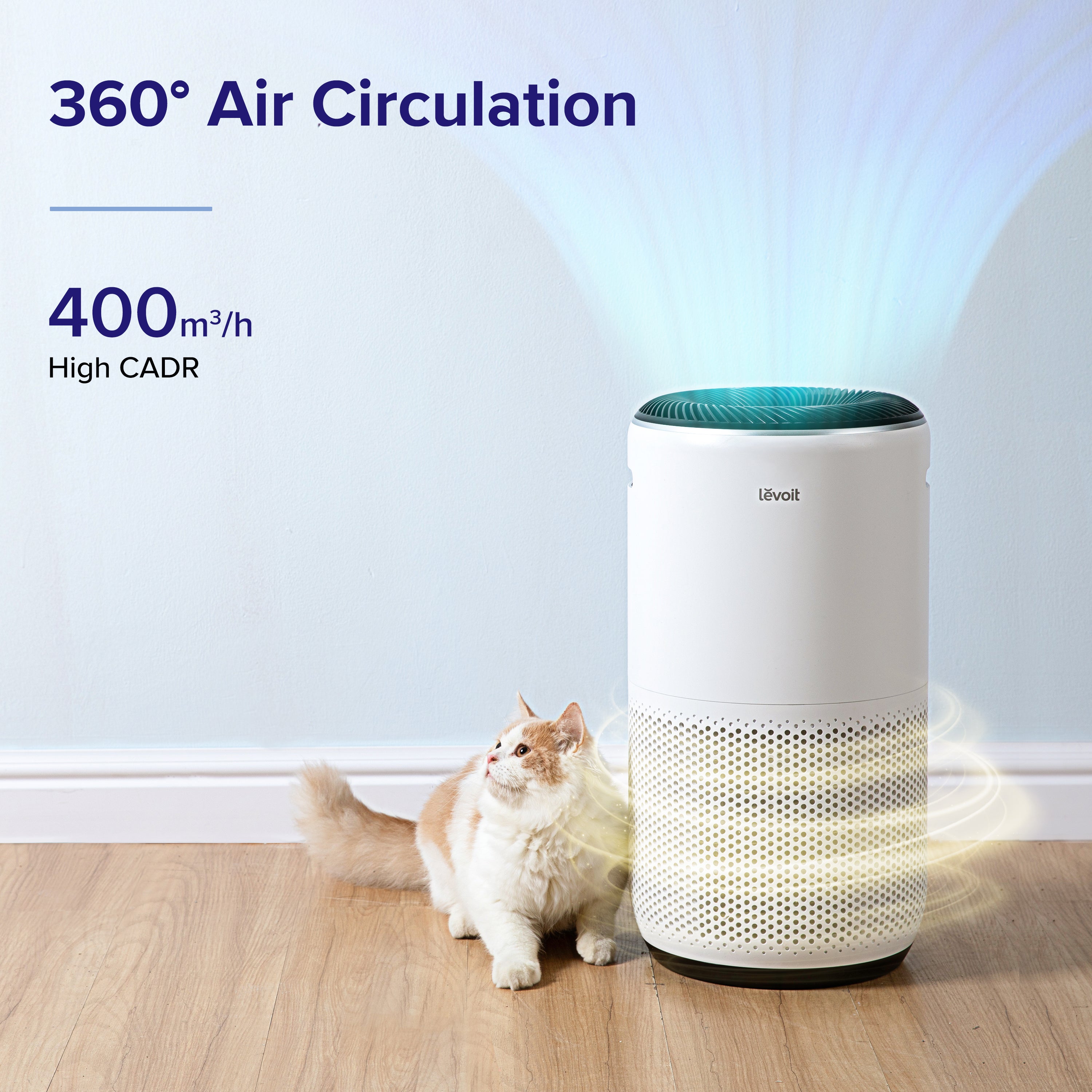 Levoit Core 400S air purifier with 360ยฐ air circulation and 400mยณ/h CADR, providing efficient air purification for large rooms with pets.