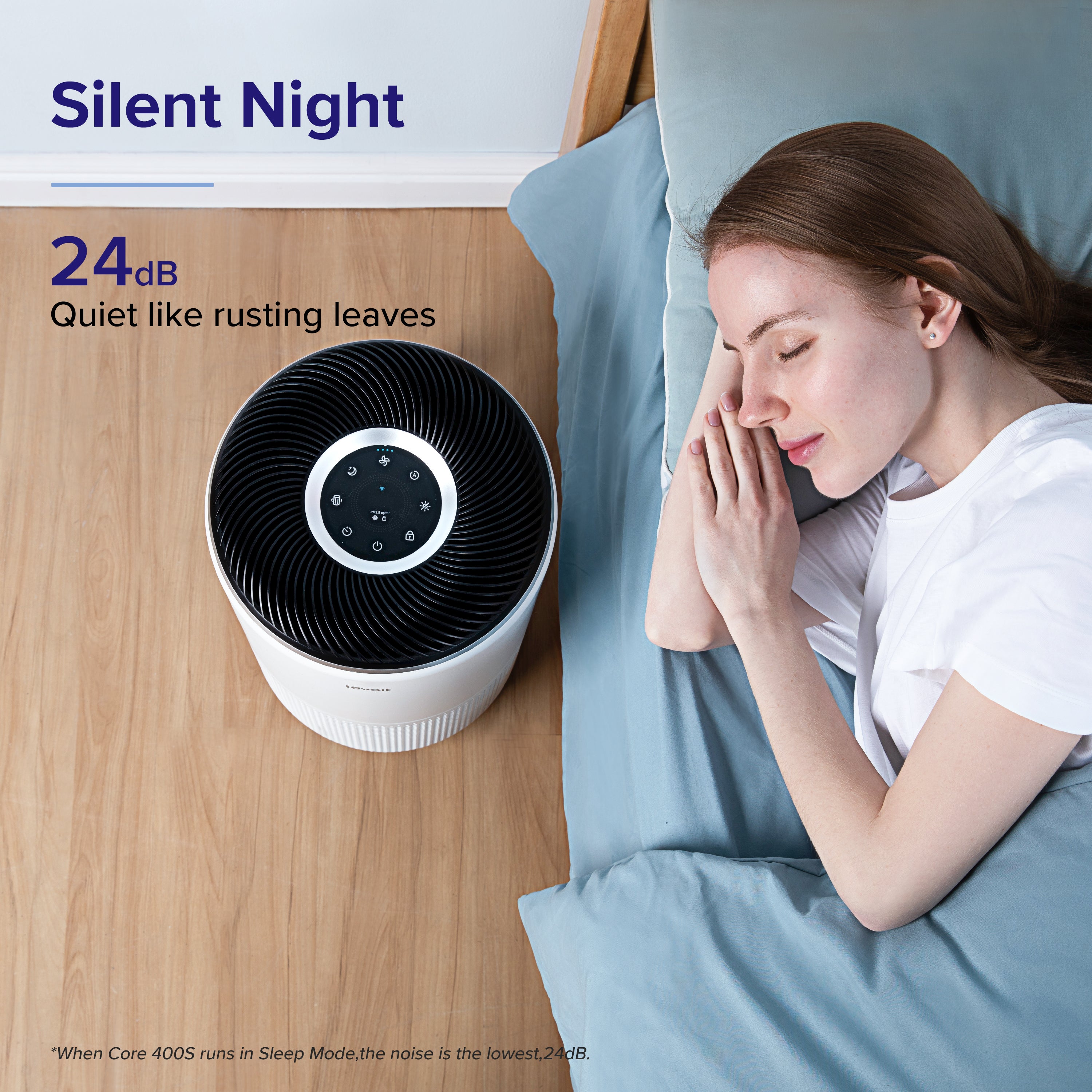 Levoit Core 400S air purifier in sleep mode, operating at 24dB noise level, providing silent air purification for a peaceful nightโs sleep.