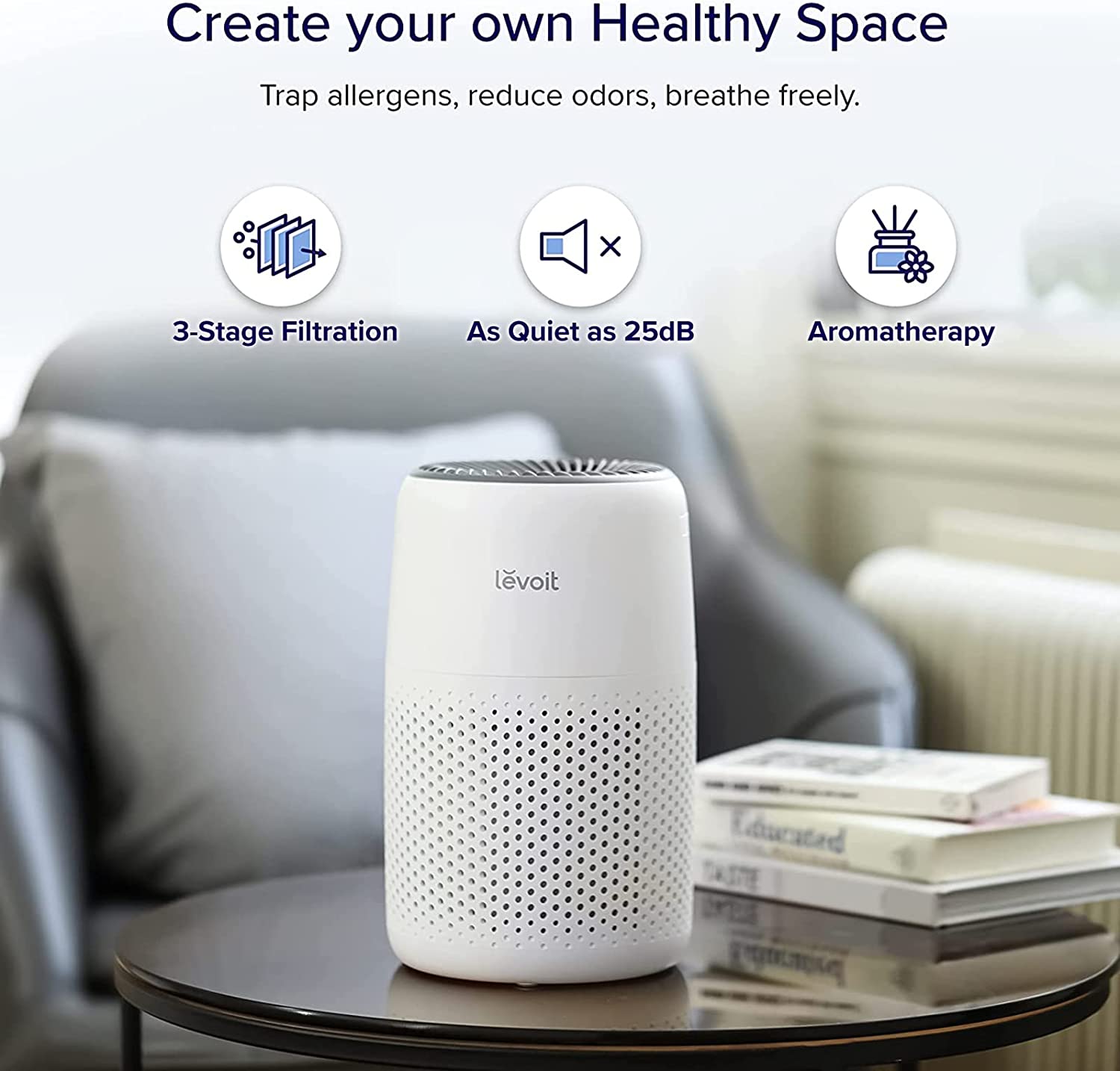 Levoit Core Mini air purifier with 3-stage filtration, quiet operation at 25dB, and aromatherapy feature, ideal for creating a healthy space at home.