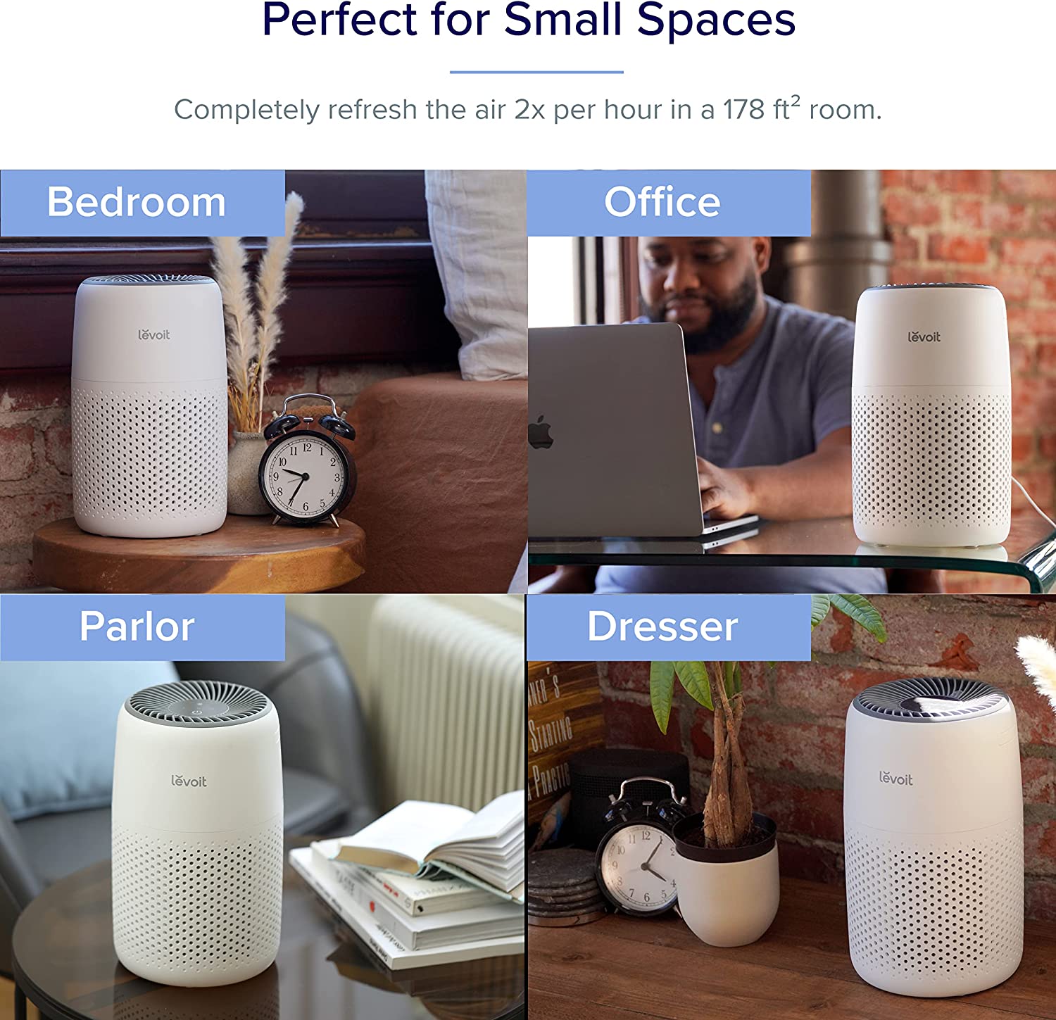 Levoit Core Mini air purifier perfect for small spaces like bedroom, office, parlor, and dresser, refreshing air 2x per hour in a 178 ft² room.