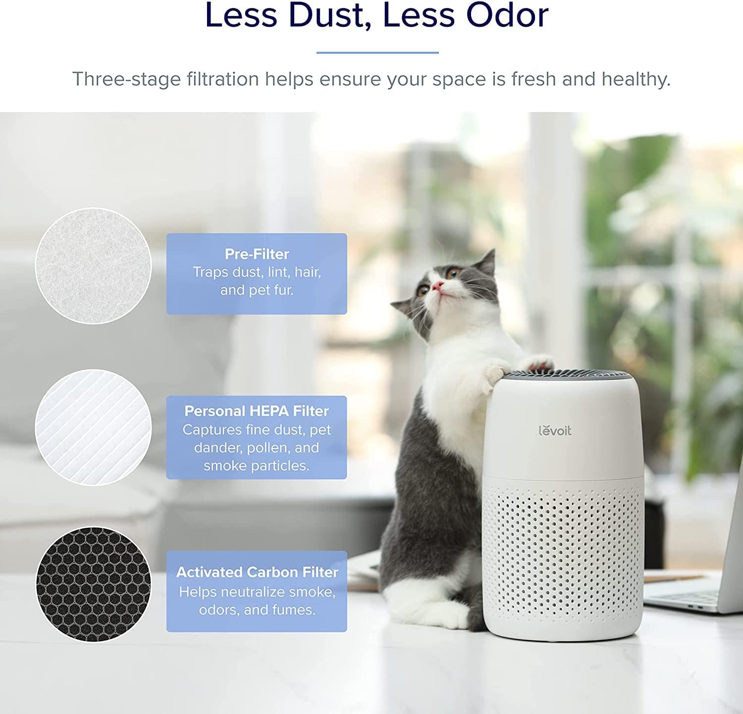 Levoit Core Mini air purifier with 3-stage filtration, including Pre-Filter, HEPA, and Activated Carbon Filter, capturing dust, pet dander, odors, and smoke.