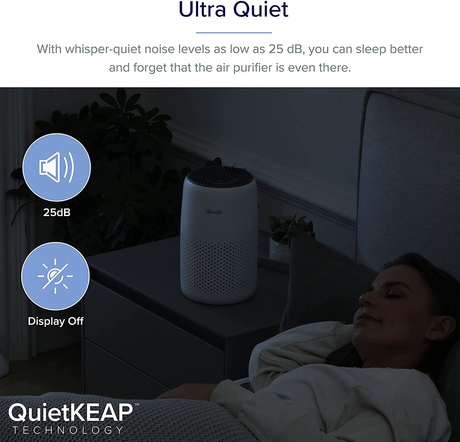Levoit Core Mini air purifier with ultra-quiet operation at 25dB, featuring QuietKEAP technology and display off mode for a peaceful sleep environment.