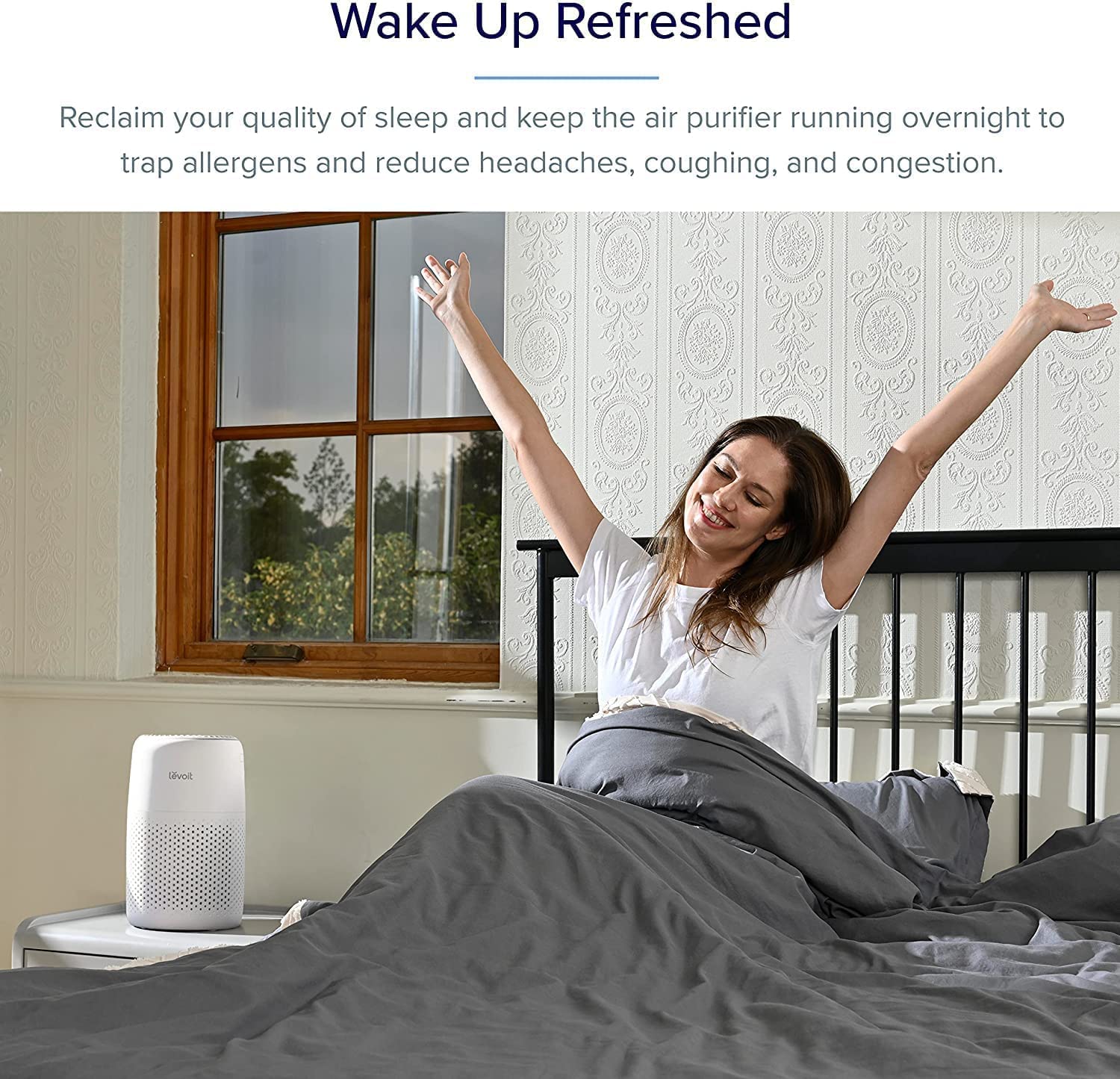 Levoit Core Mini air purifier running overnight to trap allergens, reduce headaches, coughing, and congestion, helping you wake up refreshed.
