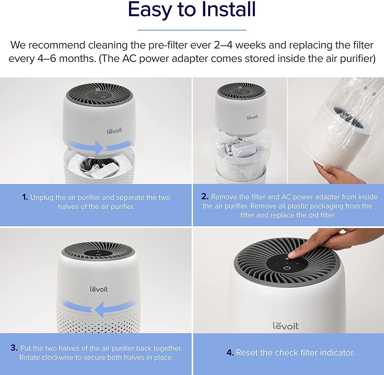 Levoit Core Mini air purifier easy installation guide: steps to clean pre-filter, replace the filter, and reset the filter indicator for hassle-free maintenance.