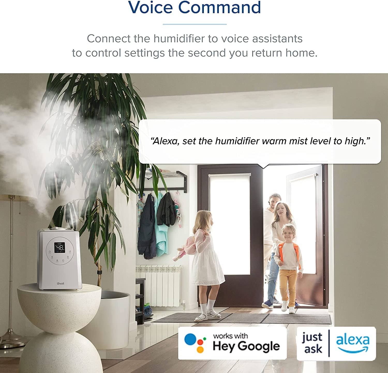 Levoit LV600S humidifier with voice control via Alexa and Google Assistant, enabling hands-free adjustment of mist settings