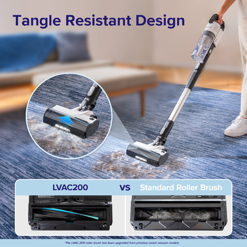 Levoit LVAC-200 Grey lightweight vacuum cleaner with a tangle-resistant roller brush compared with a standard roller brush
