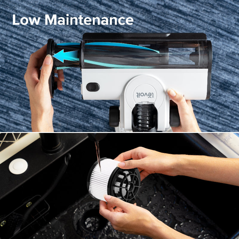 Easy-to-clean roller brush and washable filter on the Levoit LVAC-200 Grey lightweight vacuum cleaner
