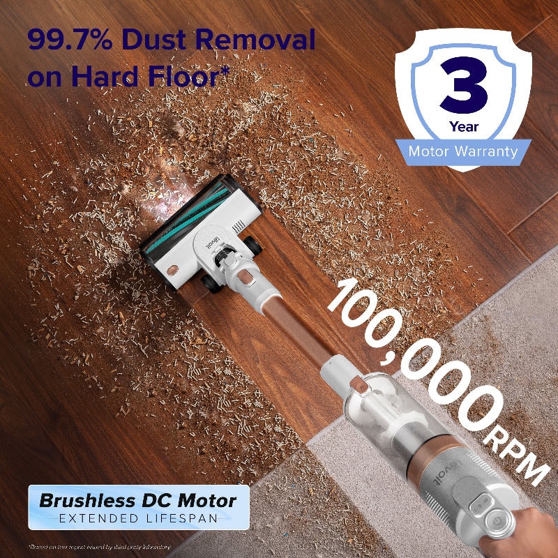Levoit LVAC-200 Gold cordless handheld vacuum clearing debris from a hardwood floor with a brushless motor