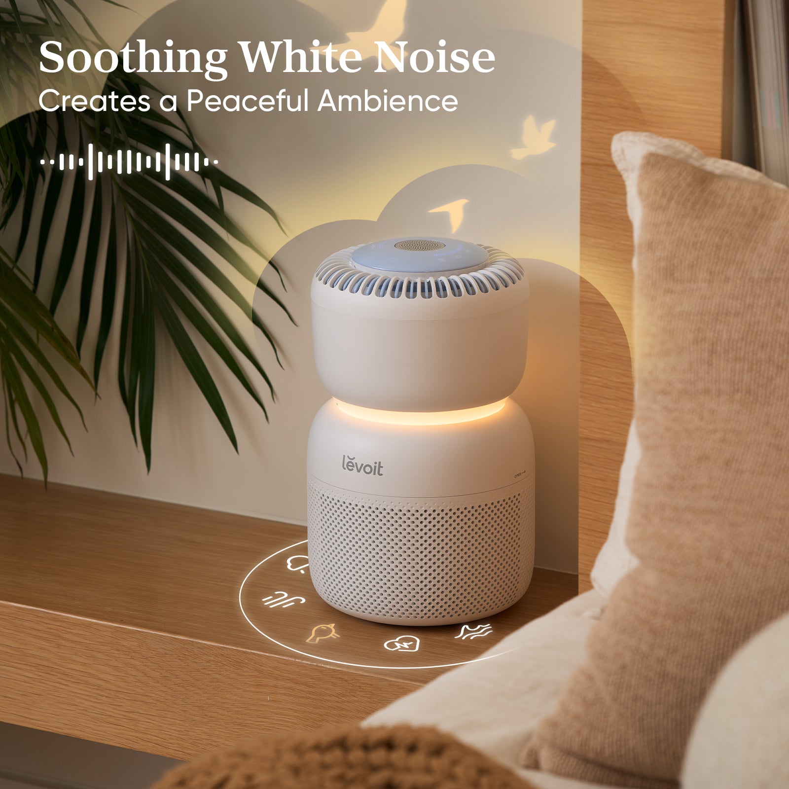 Levoit Sprout Air Purifier with soothing white noise, designed to create a peaceful ambience and enhance relaxation in your space.