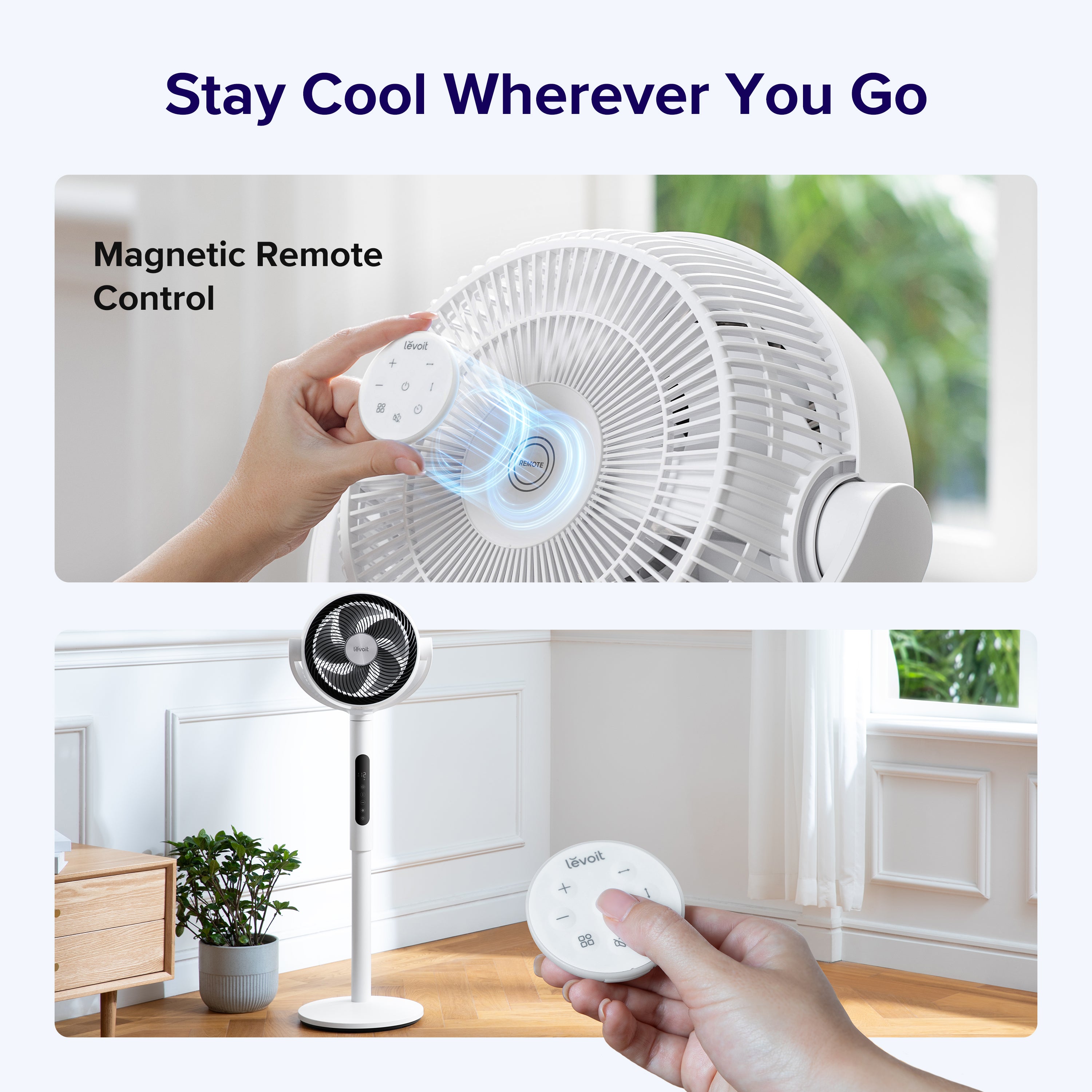 Levoit Pedestal Air Circulator Fan, featuring magnetic remote control for convenient use at home or on the go