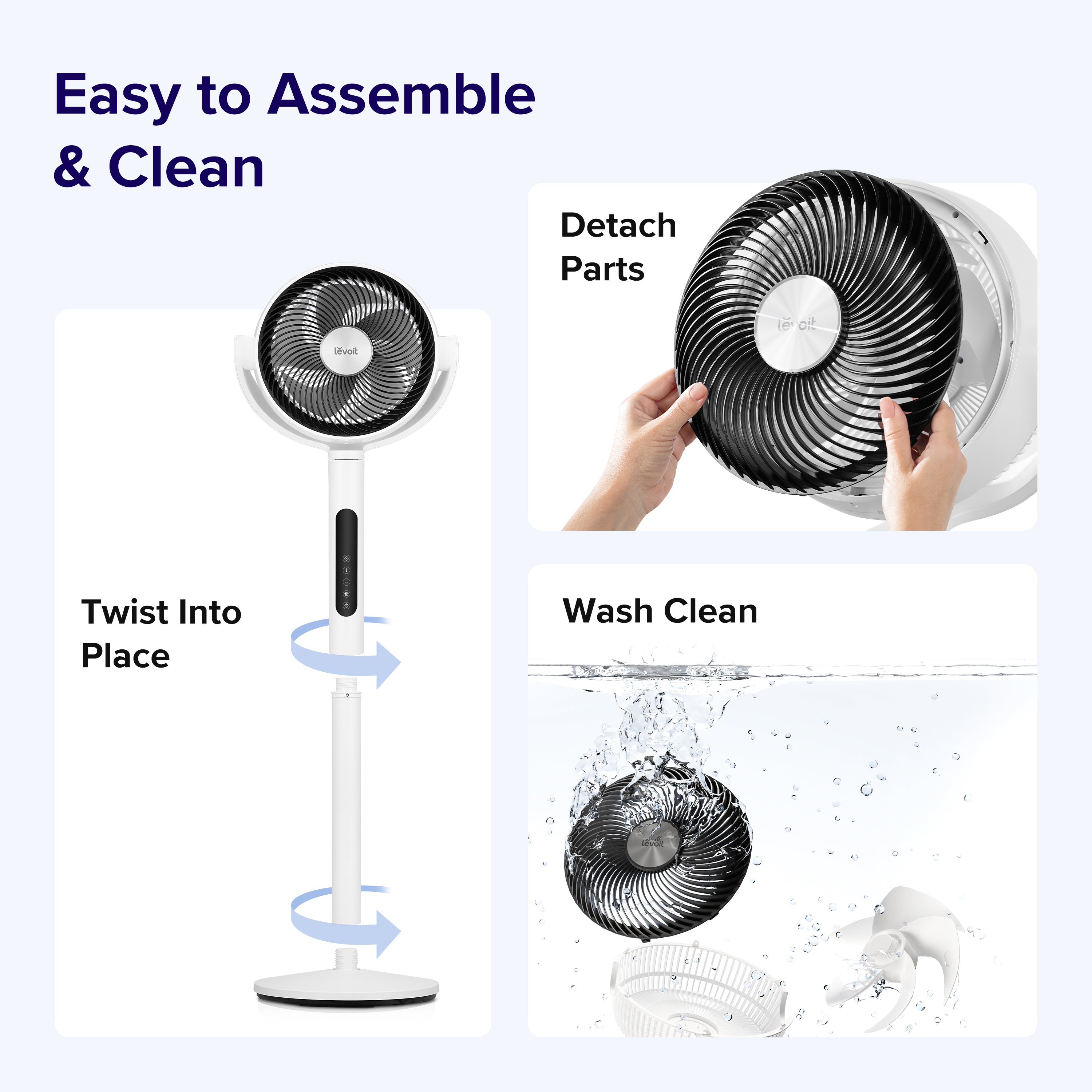 Levoit Pedestal Air Circulator Fan, easy to assemble and clean with twist-to-assemble parts and detachable components for washing