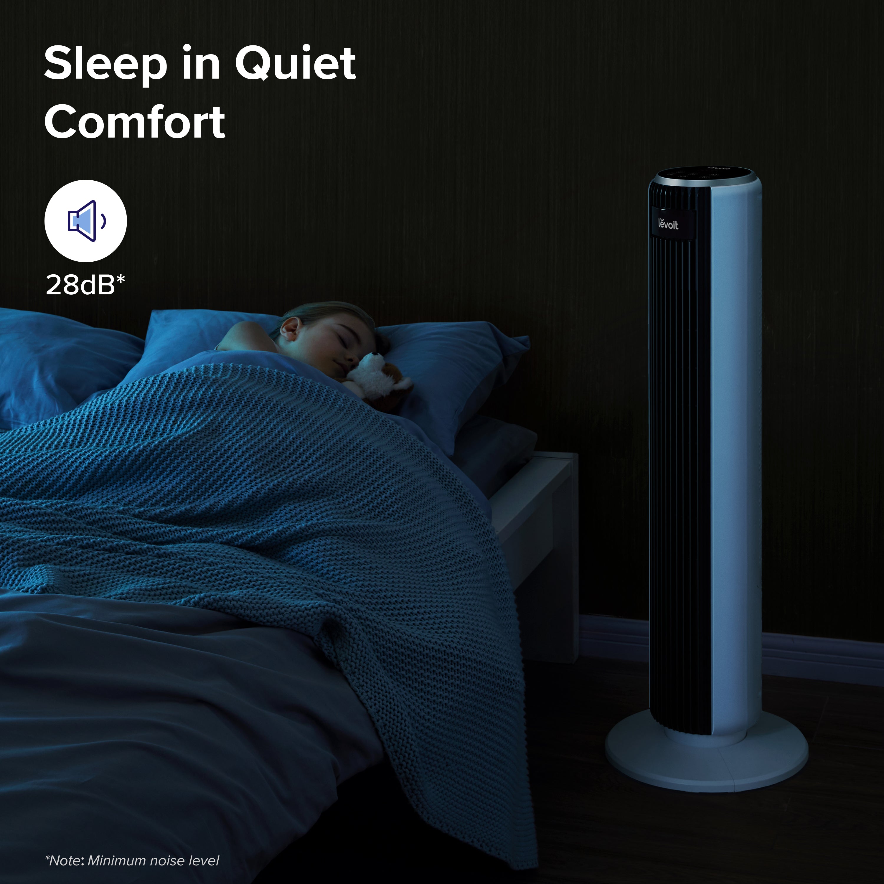 Levoit Classic 36-inch AC Motor Tower Fan for quiet sleep at 28dB, providing peaceful rest with minimal noise disturbance