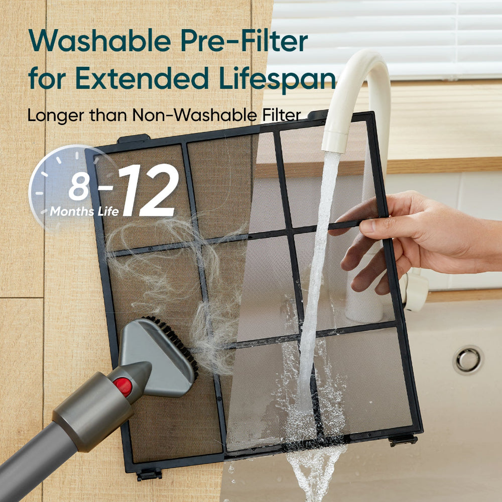 Levoit Vital 100S true HEPA air purifier with carbon filter, washable pre-filter rinsed under tap, 8-12 months lifespan
