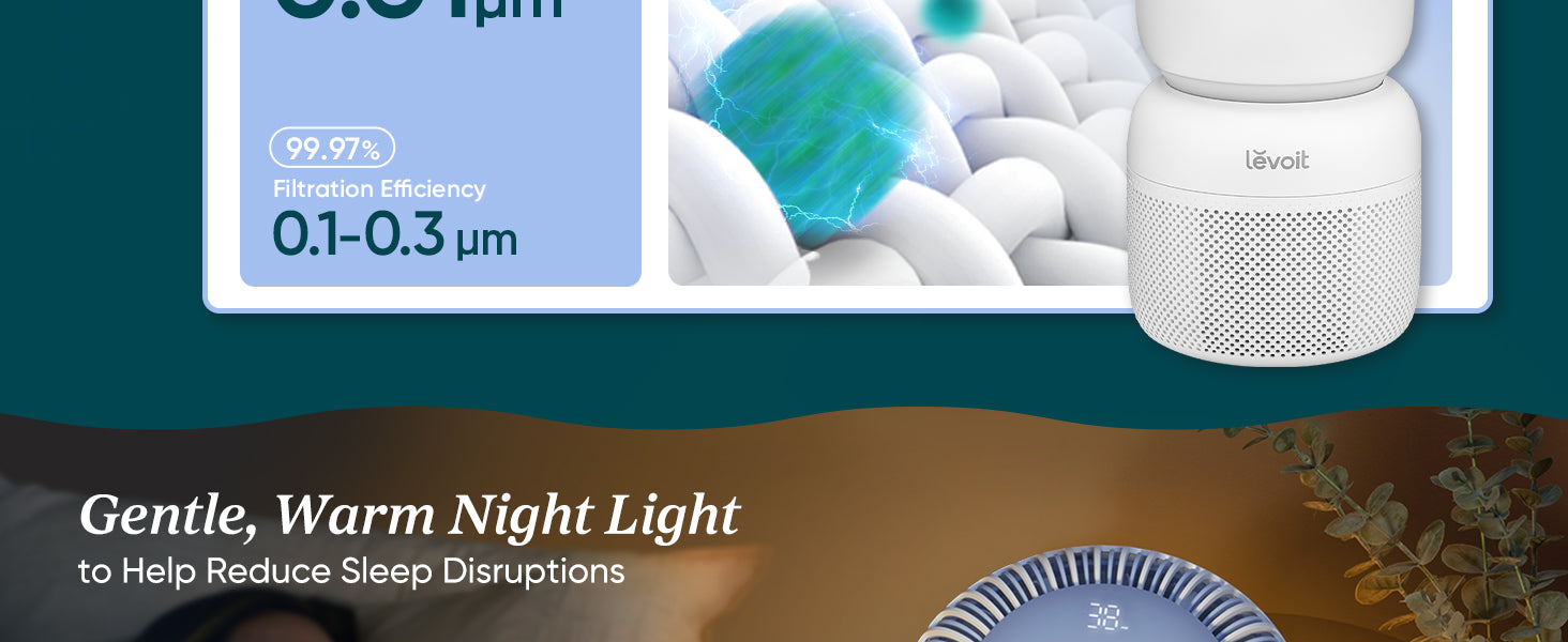 Levoit Sprout HEPA Filter Air purifier captures 99.9% of ultrafine particles to help you reduce sleep disruptions