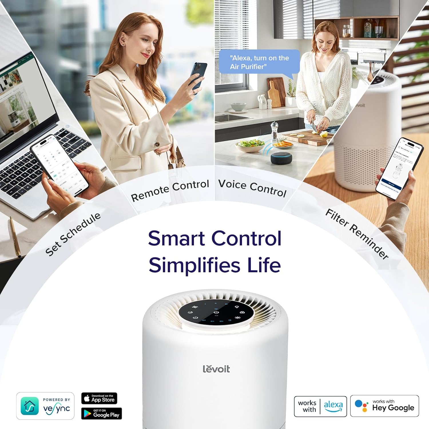 Levoit Core 200S Smart Air Purifier with smart control features: schedule setting, remote and voice control, and filter reminder with Alexa and Google Assistant integration.