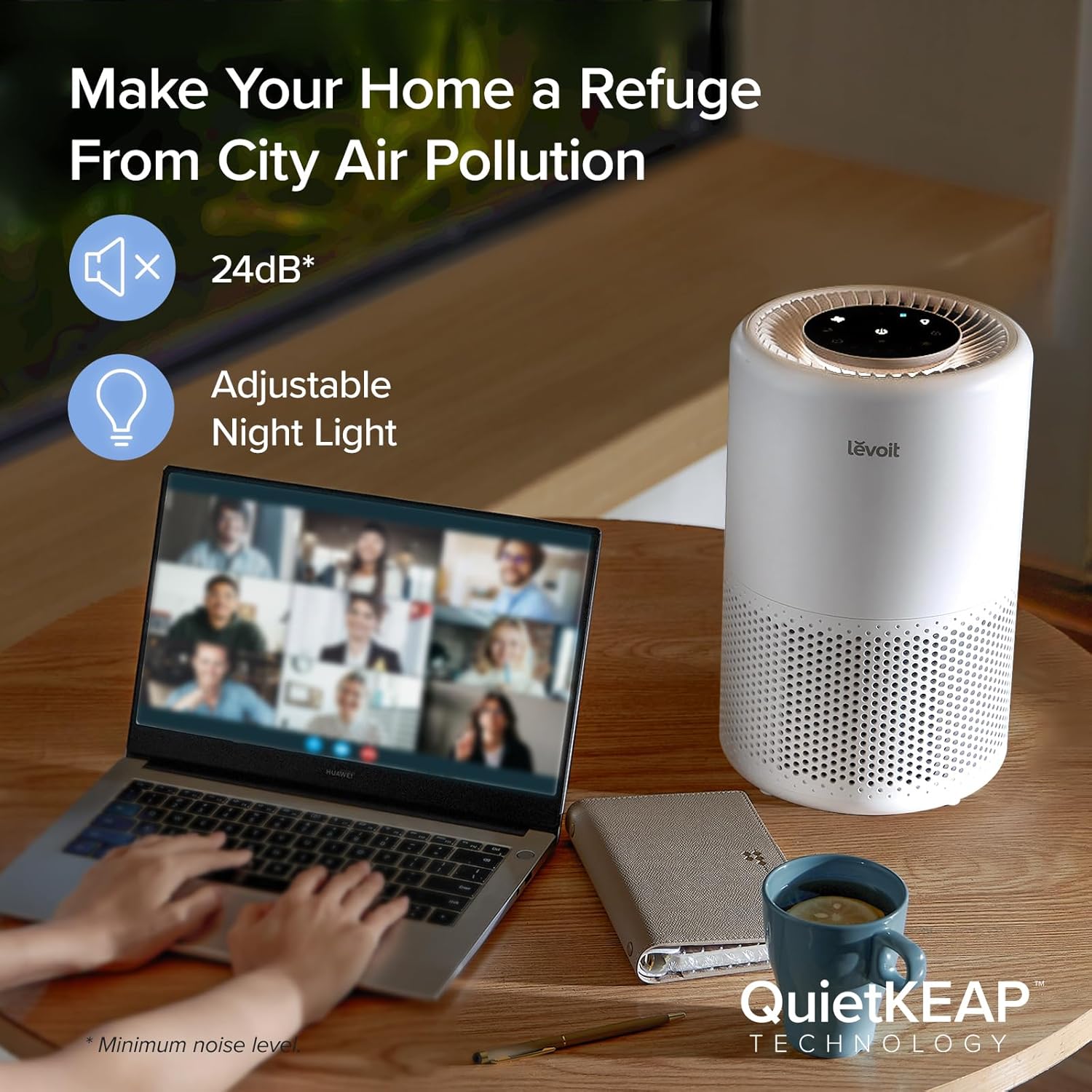 Levoit Core 200S Smart Air Purifier with QuietKEAP technology, 24dB minimum noise level, and adjustable night light, ideal for city air pollution.