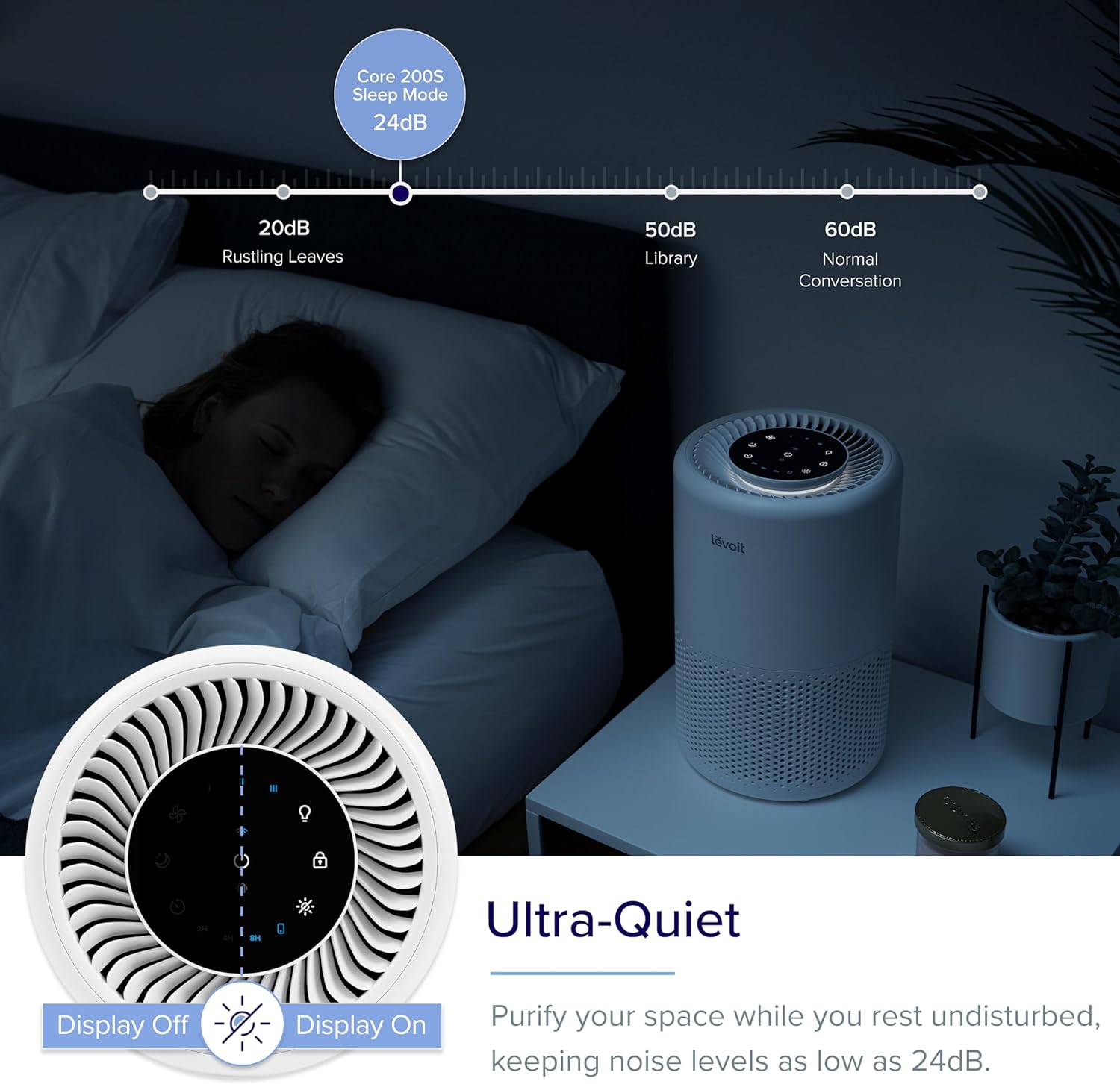 Levoit Core 200S Smart Air Purifier in sleep mode with noise levels as low as 24dB, offering ultra-quiet operation for restful sleep while purifying the air.