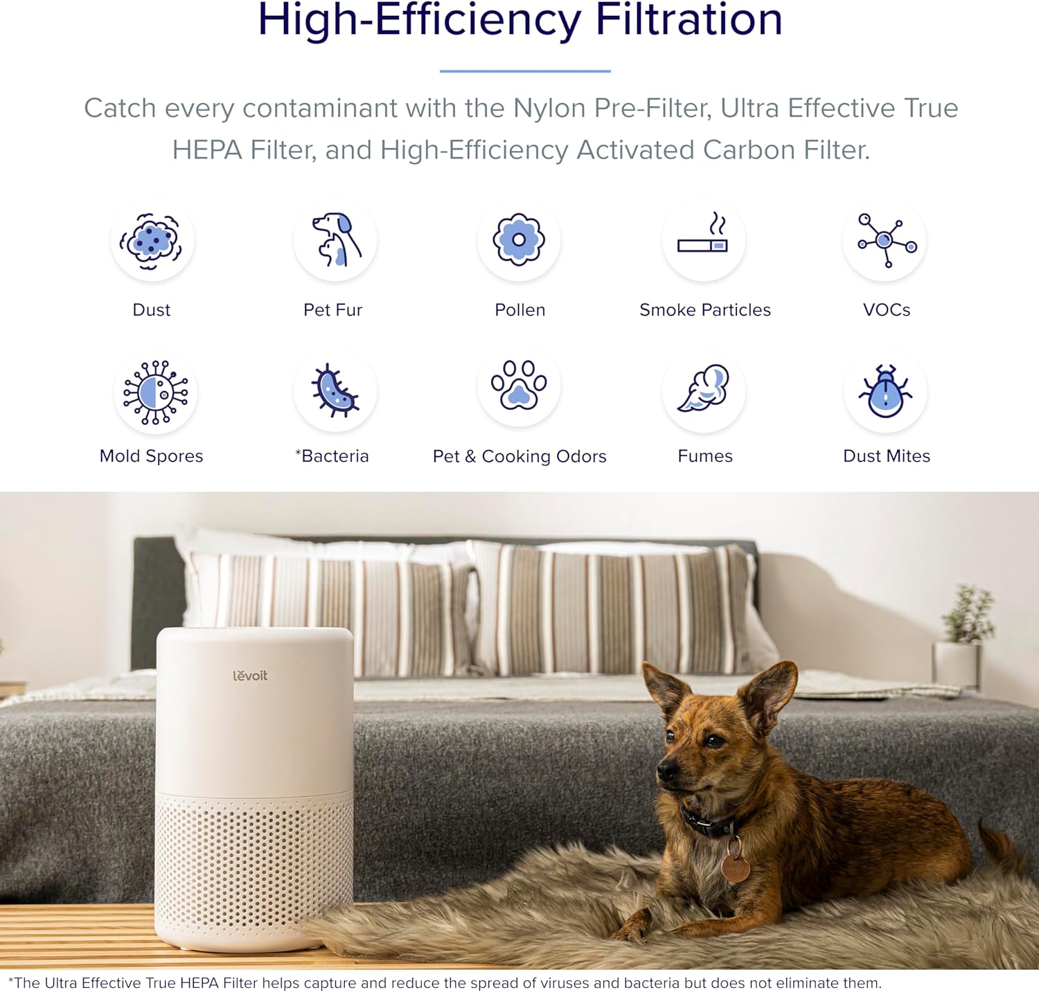 Levoit Core 200S Smart Air Purifier with High-Efficiency Filtration system, capturing dust, pet fur, pollen, smoke, mold spores, bacteria, and cooking odors.