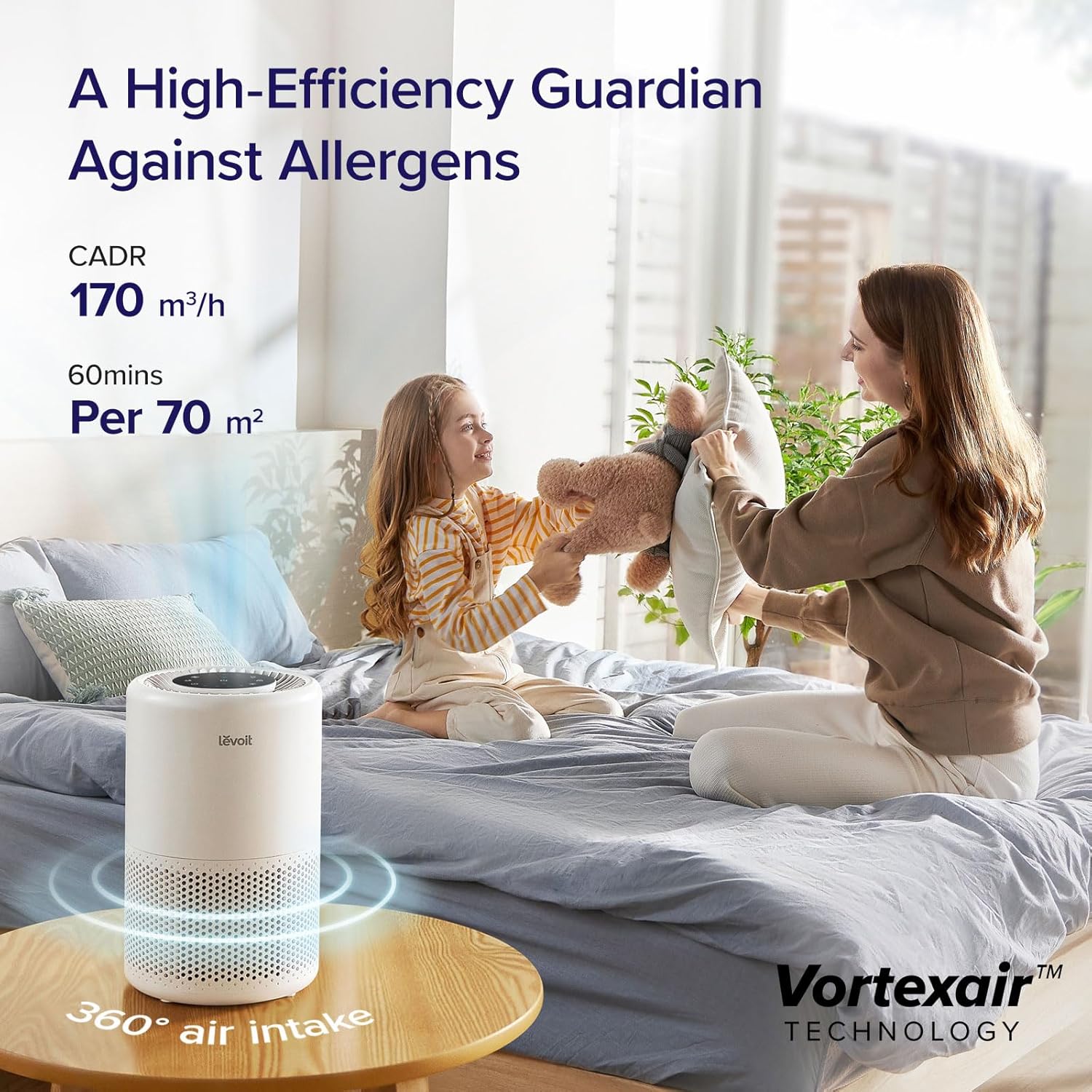 Levoit Core 200S Smart Air Purifier with Vortexair Technology, 360° air intake, and a CADR of 170 m³/h, purifying 70m² rooms in 60 minutes, ideal for allergens.