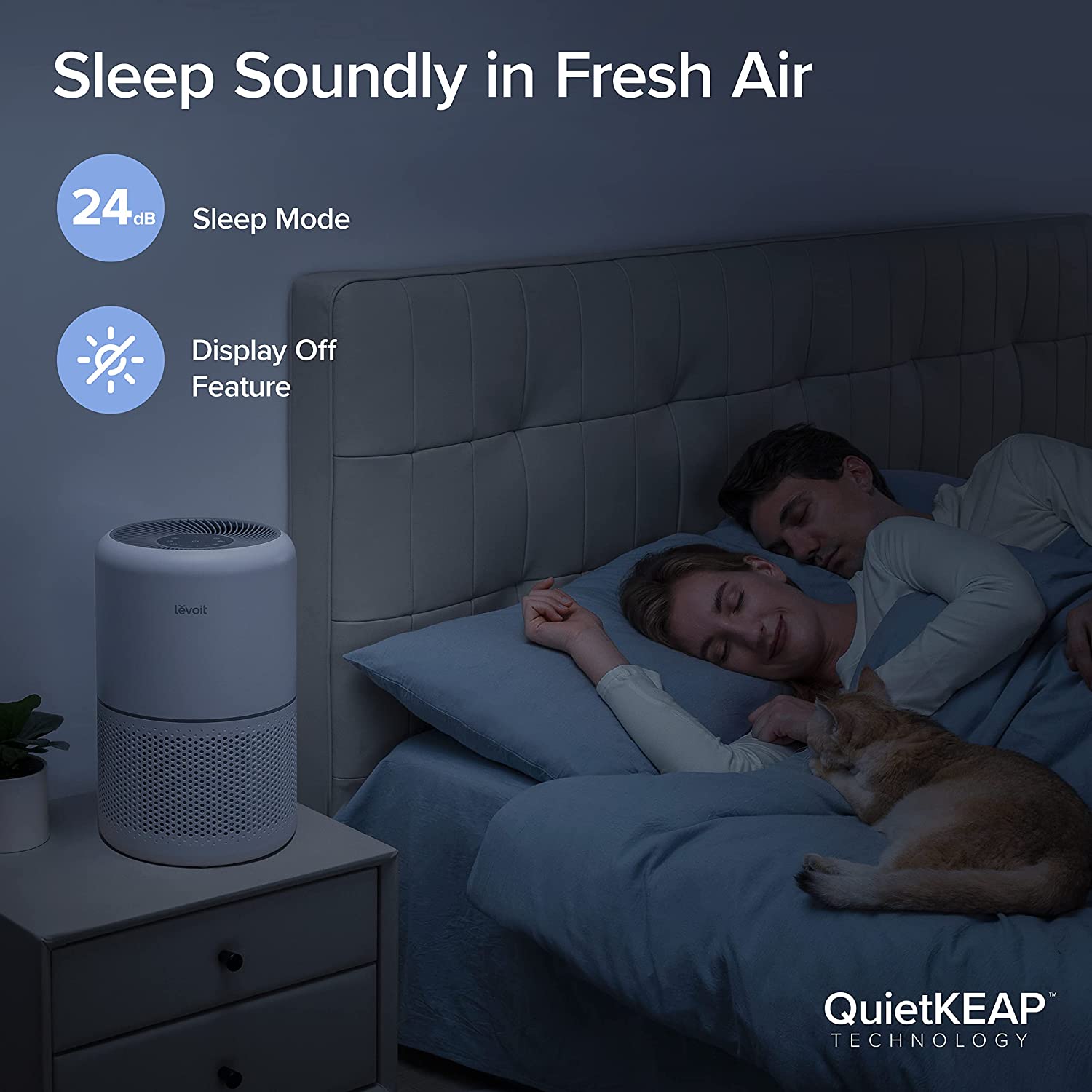 Levoit Core 300 Air Purifier with QuietKEAP technology, 24dB Sleep Mode, and Display Off feature, ensuring fresh air and a peaceful night's sleep.