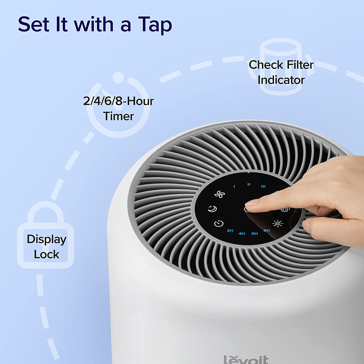 Levoit Core 300 Air Purifier with easy-to-use control panel, including 2/4/6/8 hour timer, display lock, and filter check indicator for convenient air purification.