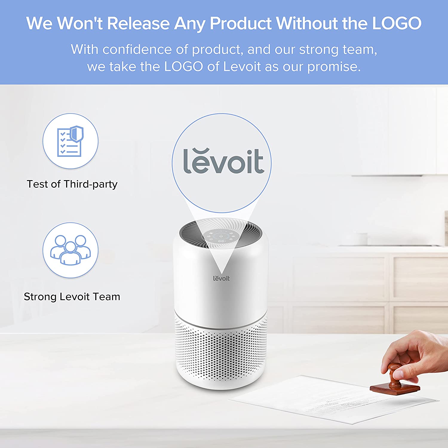 Levoit Core 300 Air Purifier with Levoit logo, third-party tested, and backed by a strong team, ensuring high-quality air purification for your home.