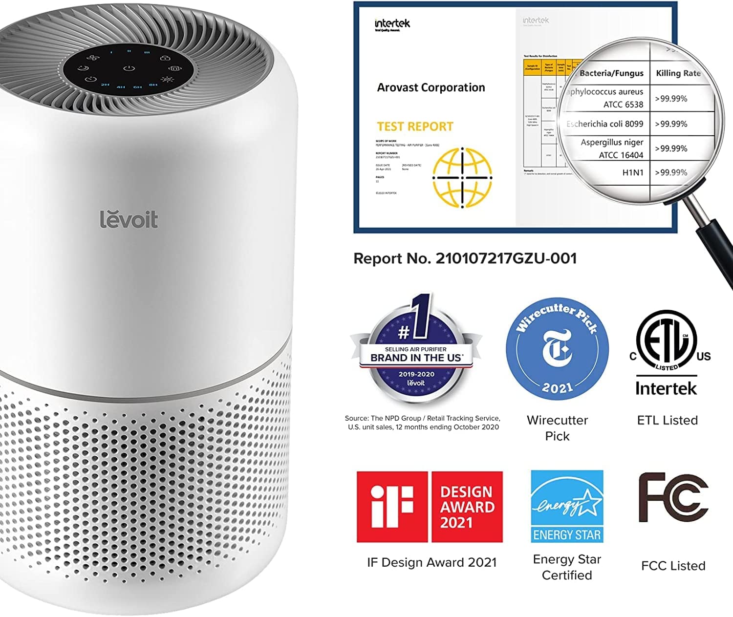 Levoit Core 300 Air Purifier with certified report, top-selling brand in the US, Energy Star certified, and IF Design Award 2021, ensuring quality and efficiency.