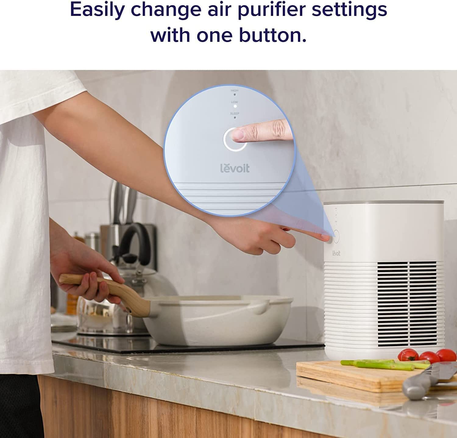 Levoit air purifier with easy one-button control for convenient setting adjustments in the kitchen