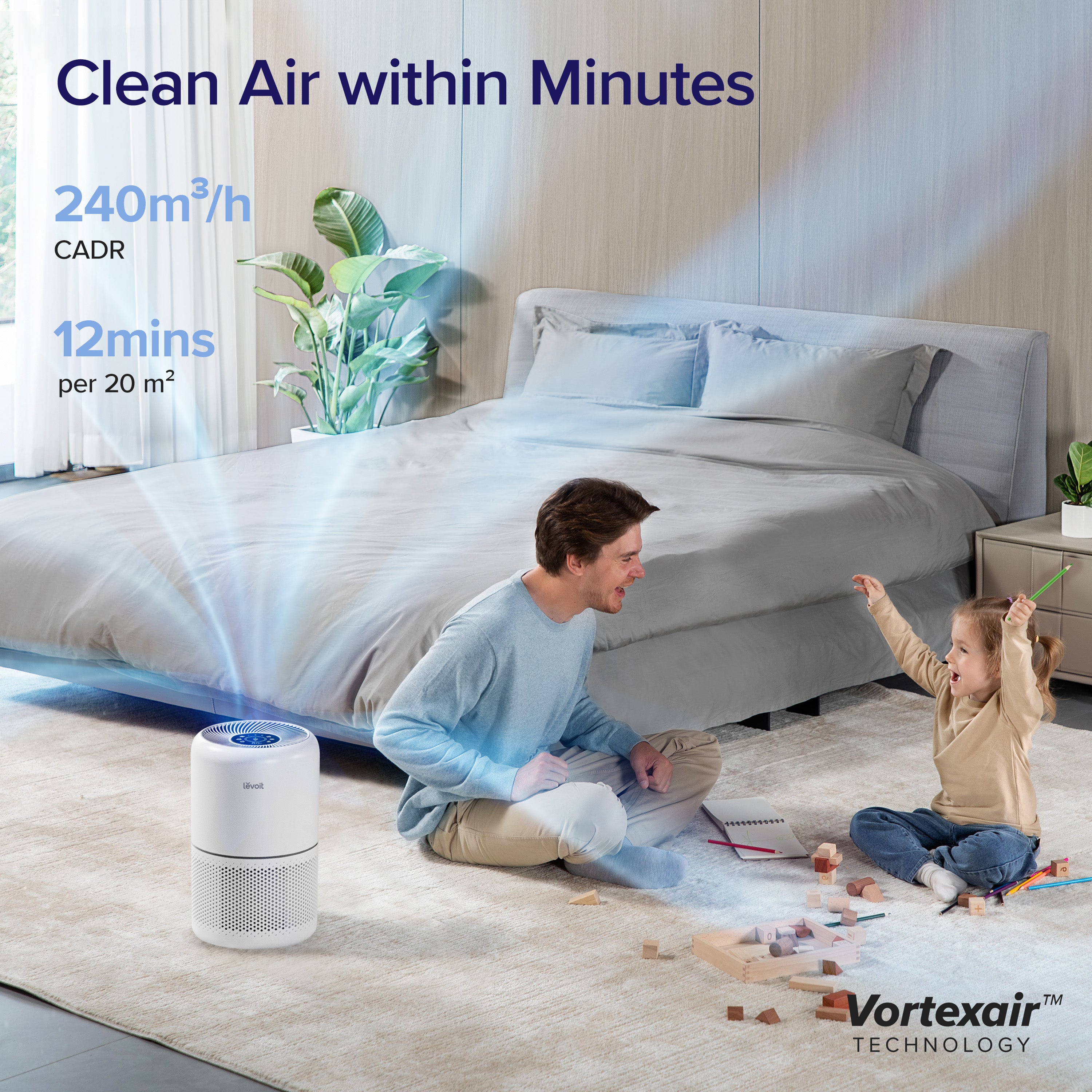 Levoit Core 300S Smart Air Purifier in a modern bedroom, purifying air as a father and daughter play on the floor, with 240m³/h CADR.