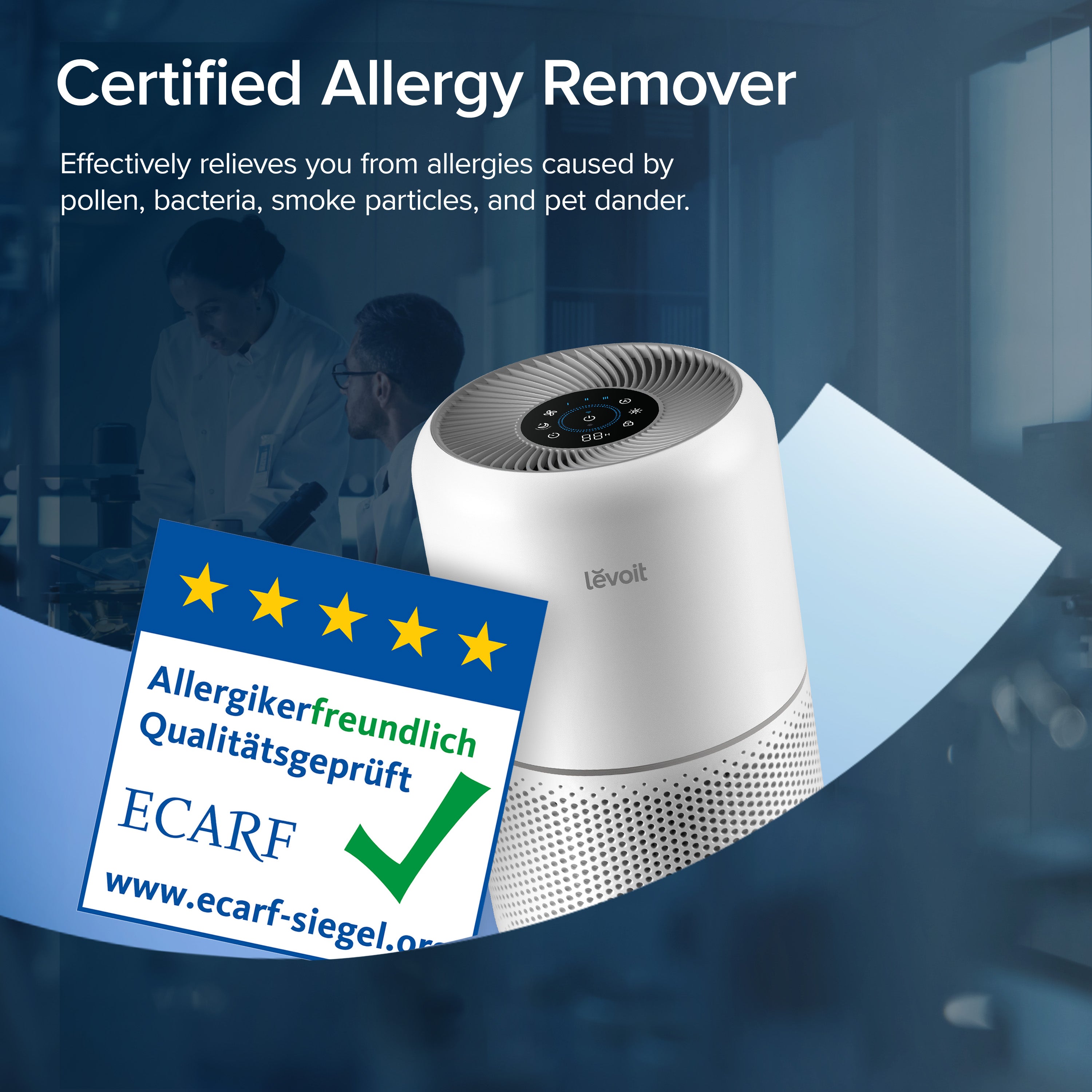 Levoit Core 300S air purifier certified as allergy remover, relieving allergies from pollen, bacteria, smoke particles, and pet dander, with ECARF certification.