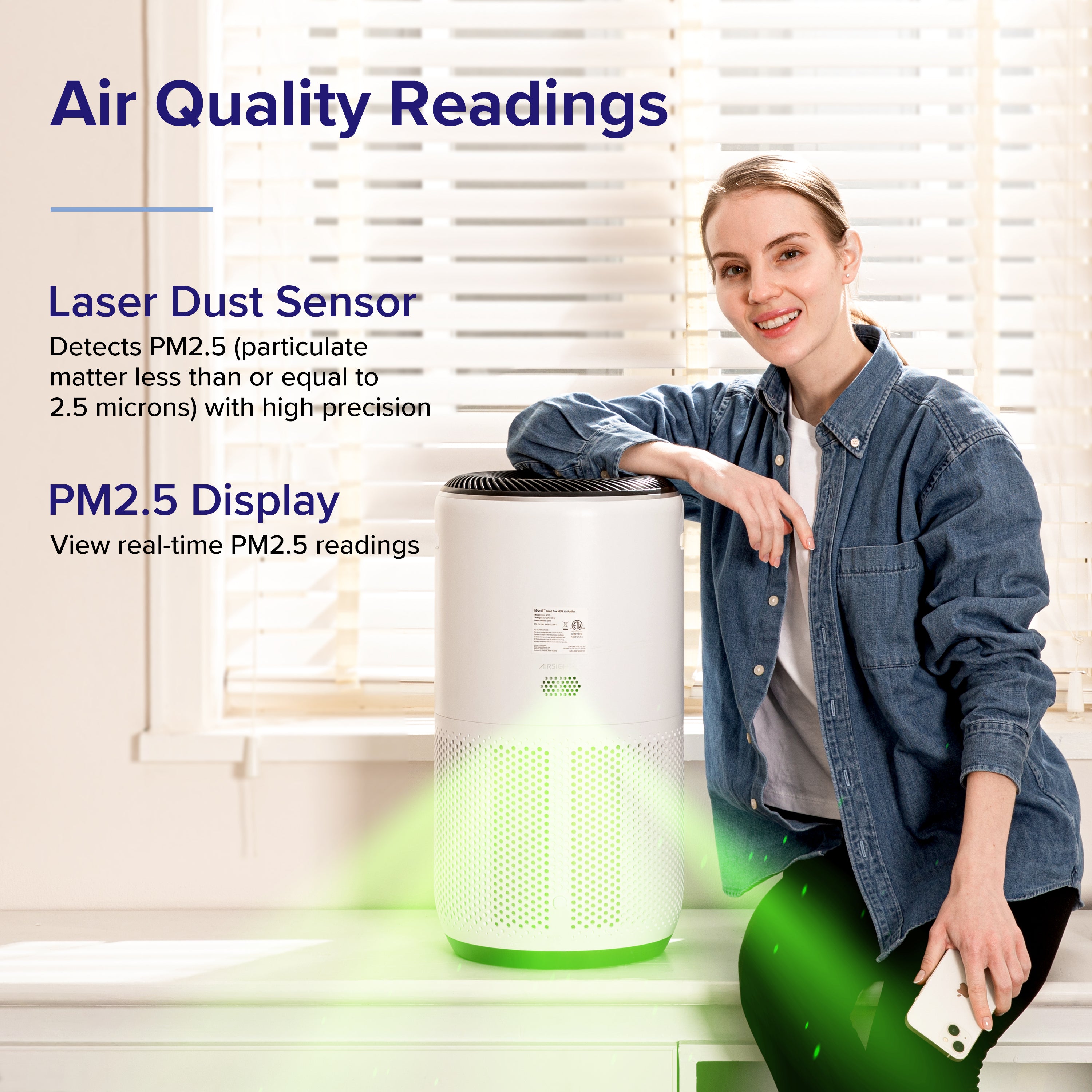 Levoit Core 400S air purifier with laser dust sensor and real-time PM2.5 display, providing precise air quality readings for a healthier environment.