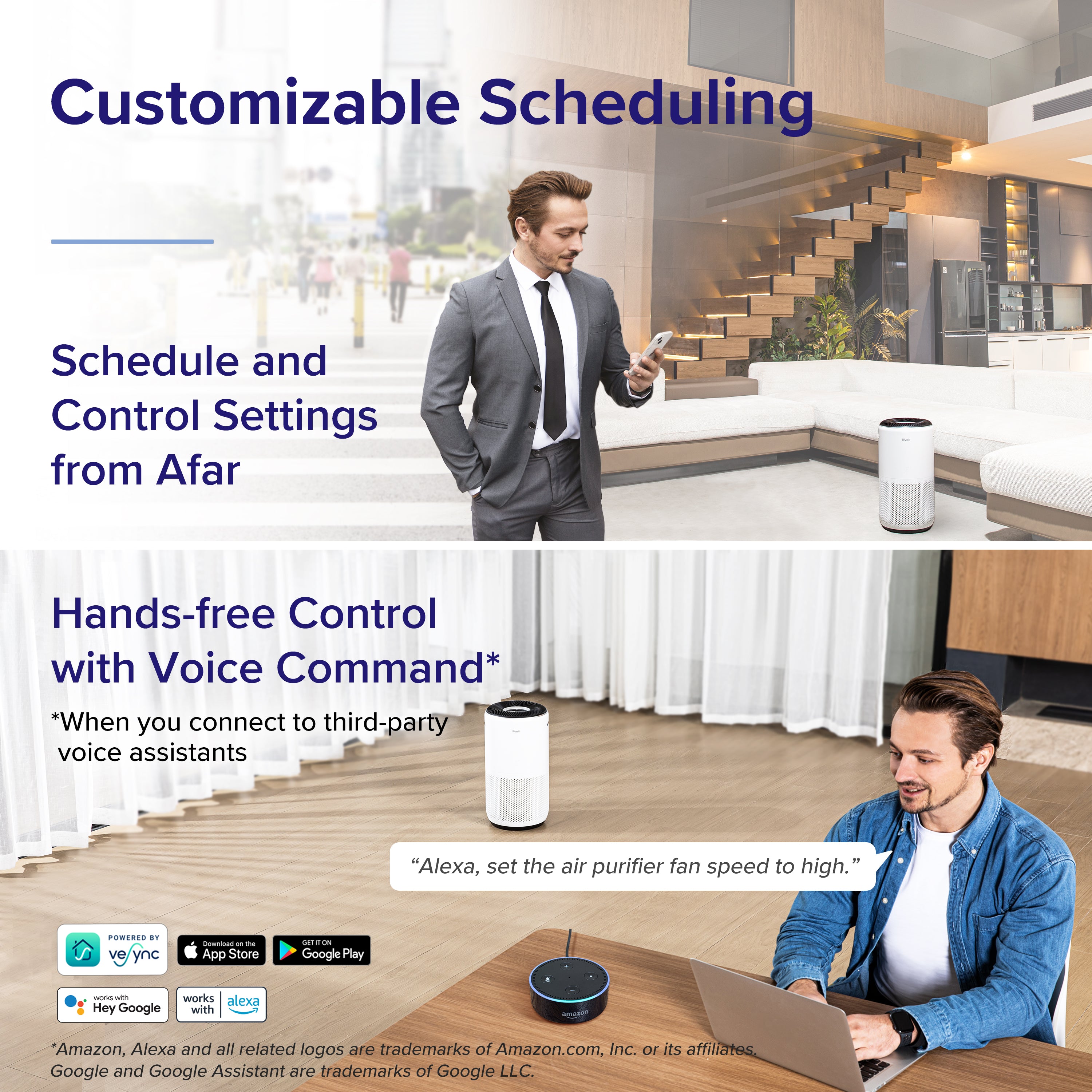 Levoit Core 400S air purifier with customizable scheduling and hands-free voice control via Alexa for remote operation and easy air quality management.