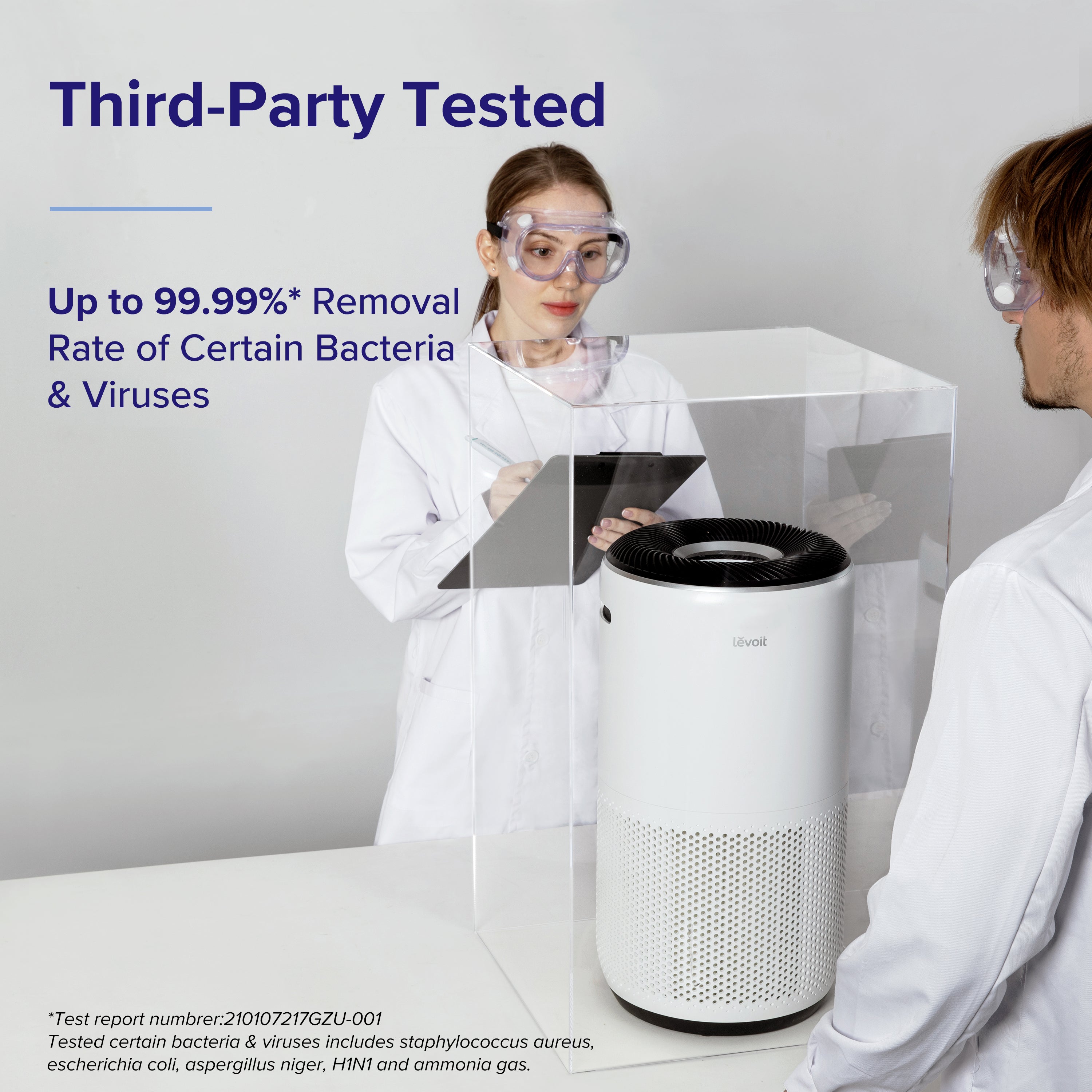 Levoit Core 400S air purifier, third-party tested for up to 99.99% removal of bacteria and viruses, including staphylococcus aureus and H1N1.