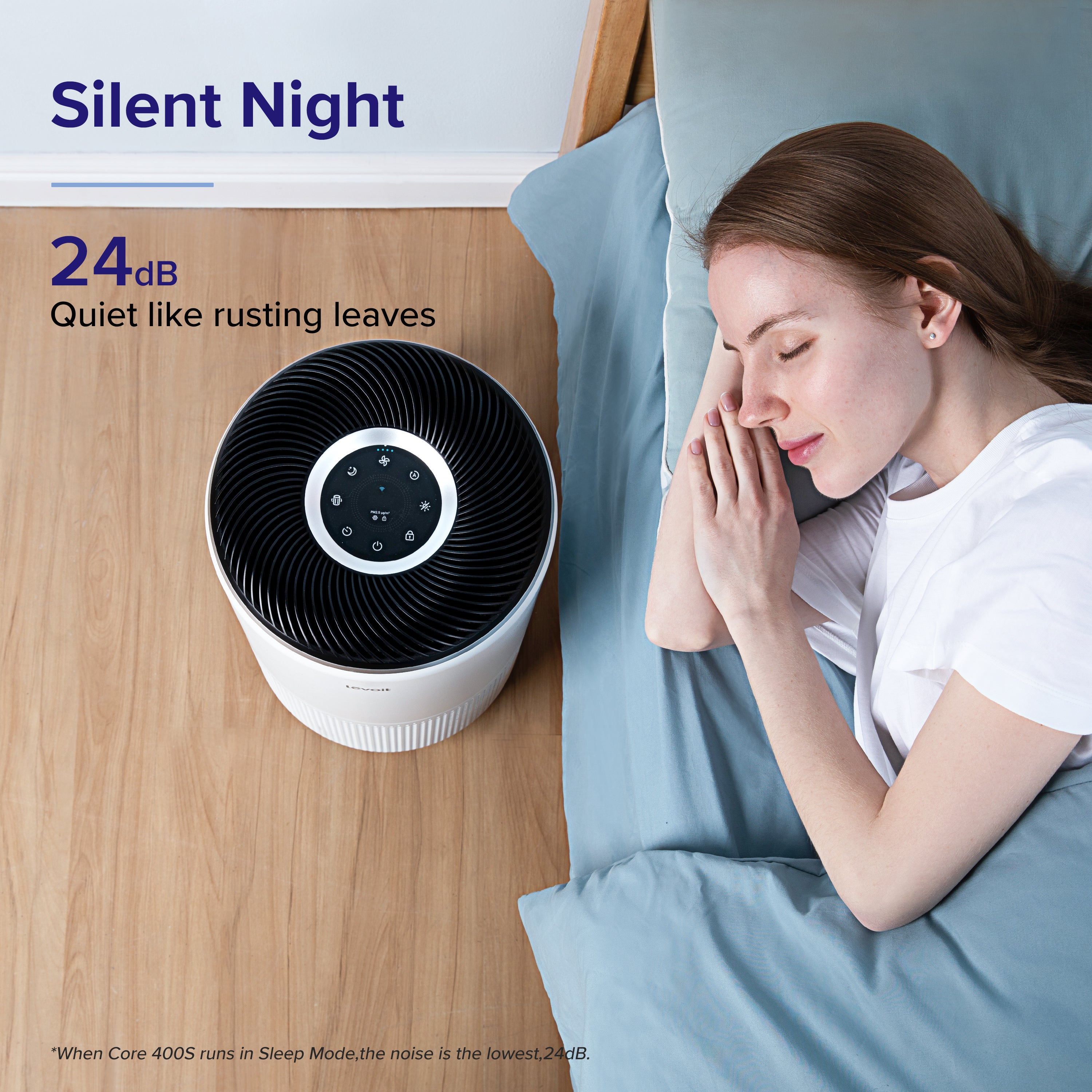 Levoit Core 400S air purifier in sleep mode, operating at 24dB noise level, providing silent air purification for a peaceful night’s sleep.