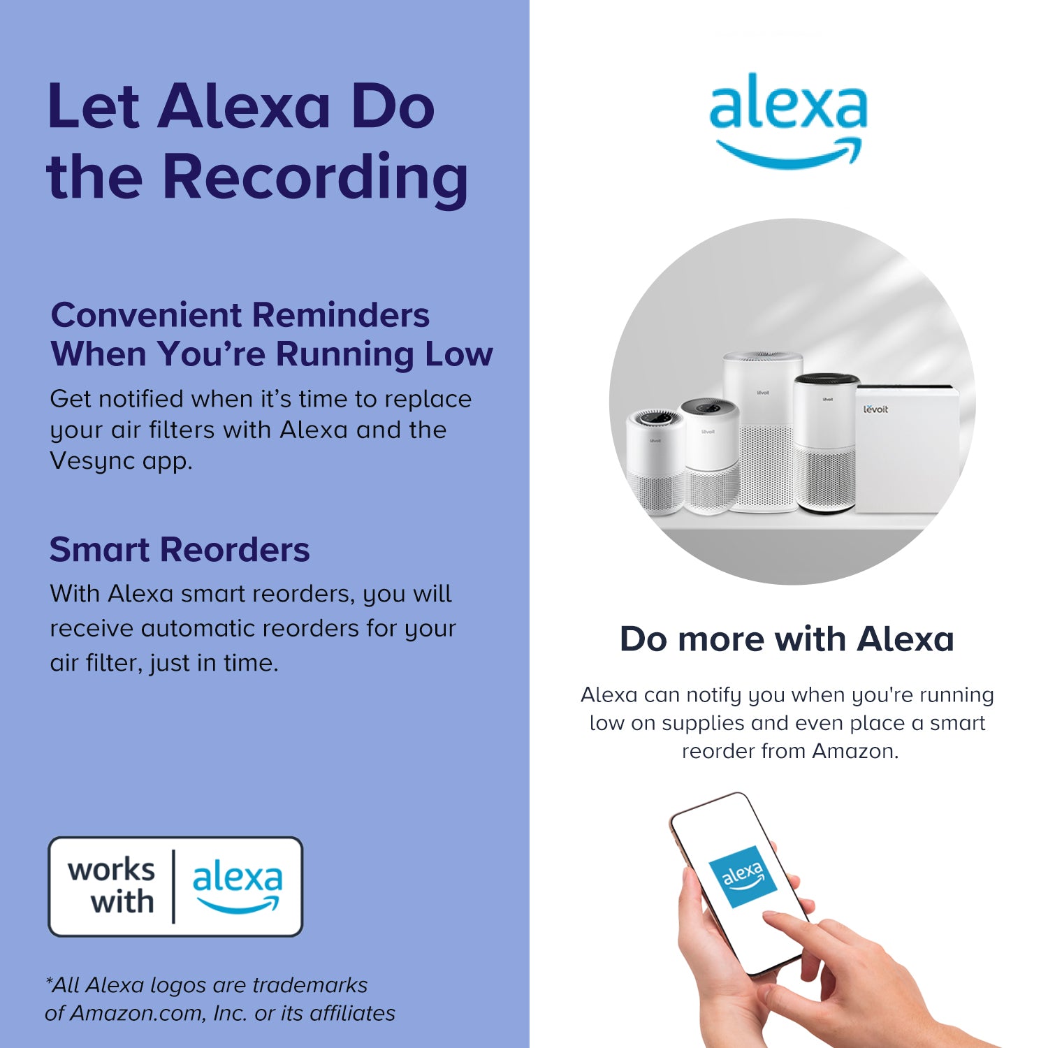 Levoit Core 400S air purifier with Alexa integration, offering smart reminders for filter replacement and automatic reorders through the Vesync app.