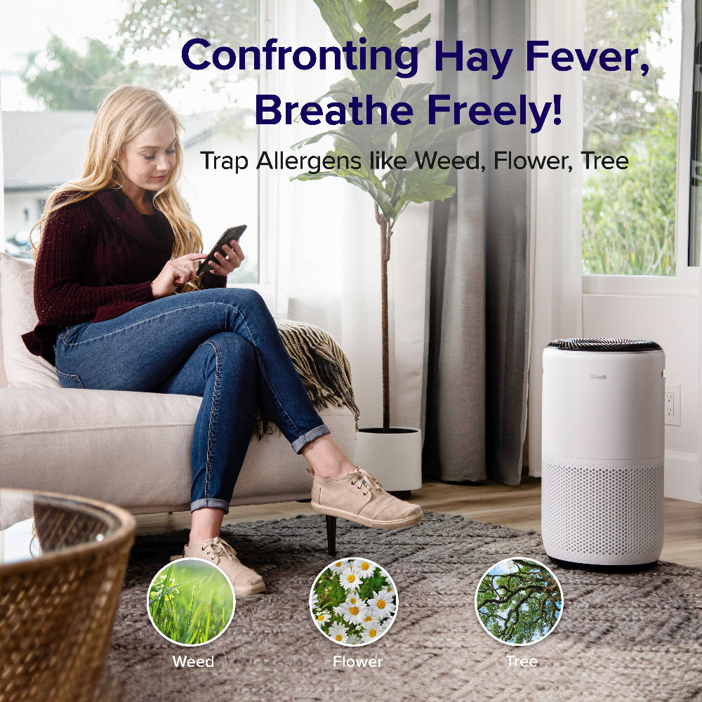Levoit Core 400S air purifier for smoke, trapping allergens including weed, flower and tree pollen in living room