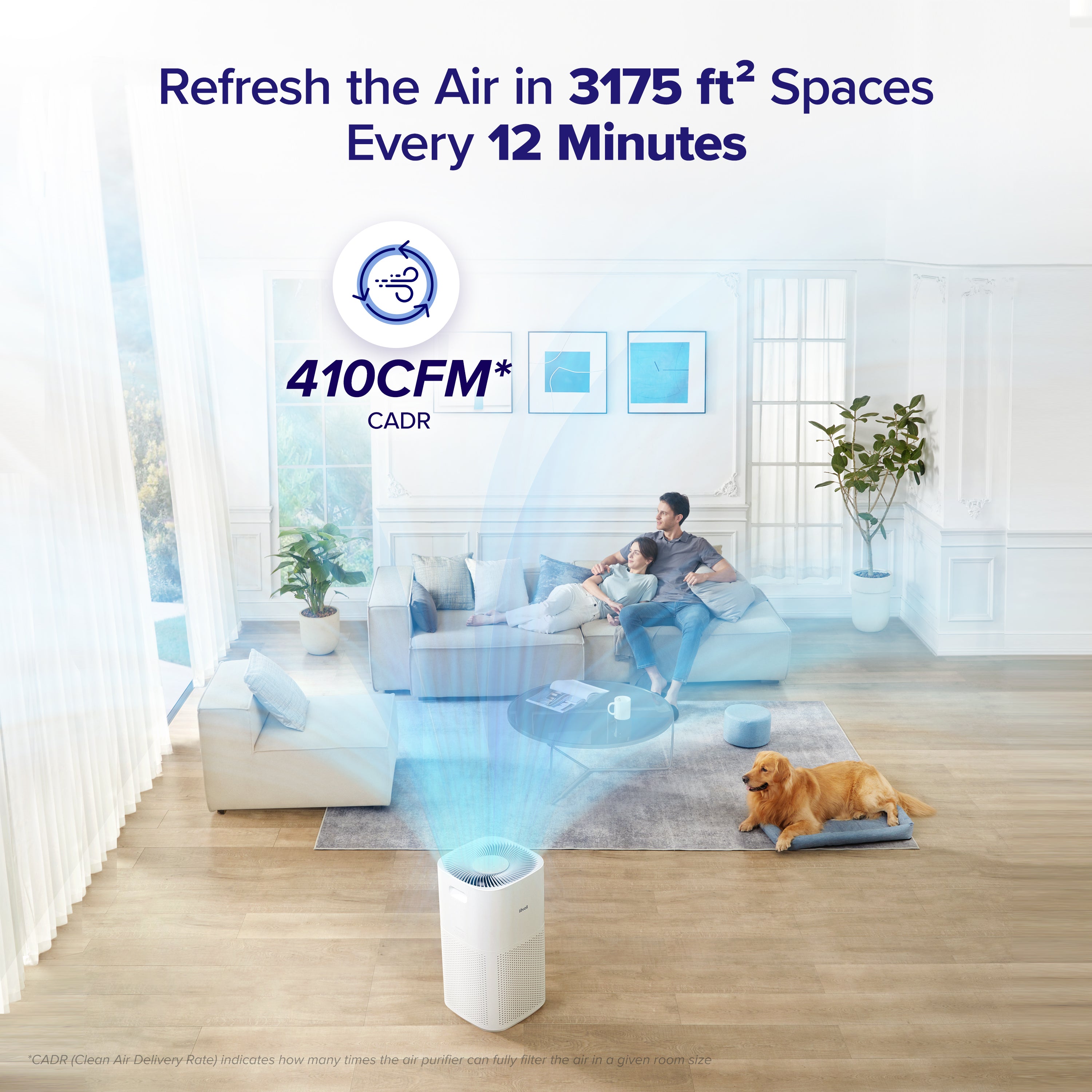 Levoit Core 600S Smart Air Purifier with 410 CFM CADR, refreshing air in 3175 ft² spaces every 12 minutes for clean, fresh air in large rooms.