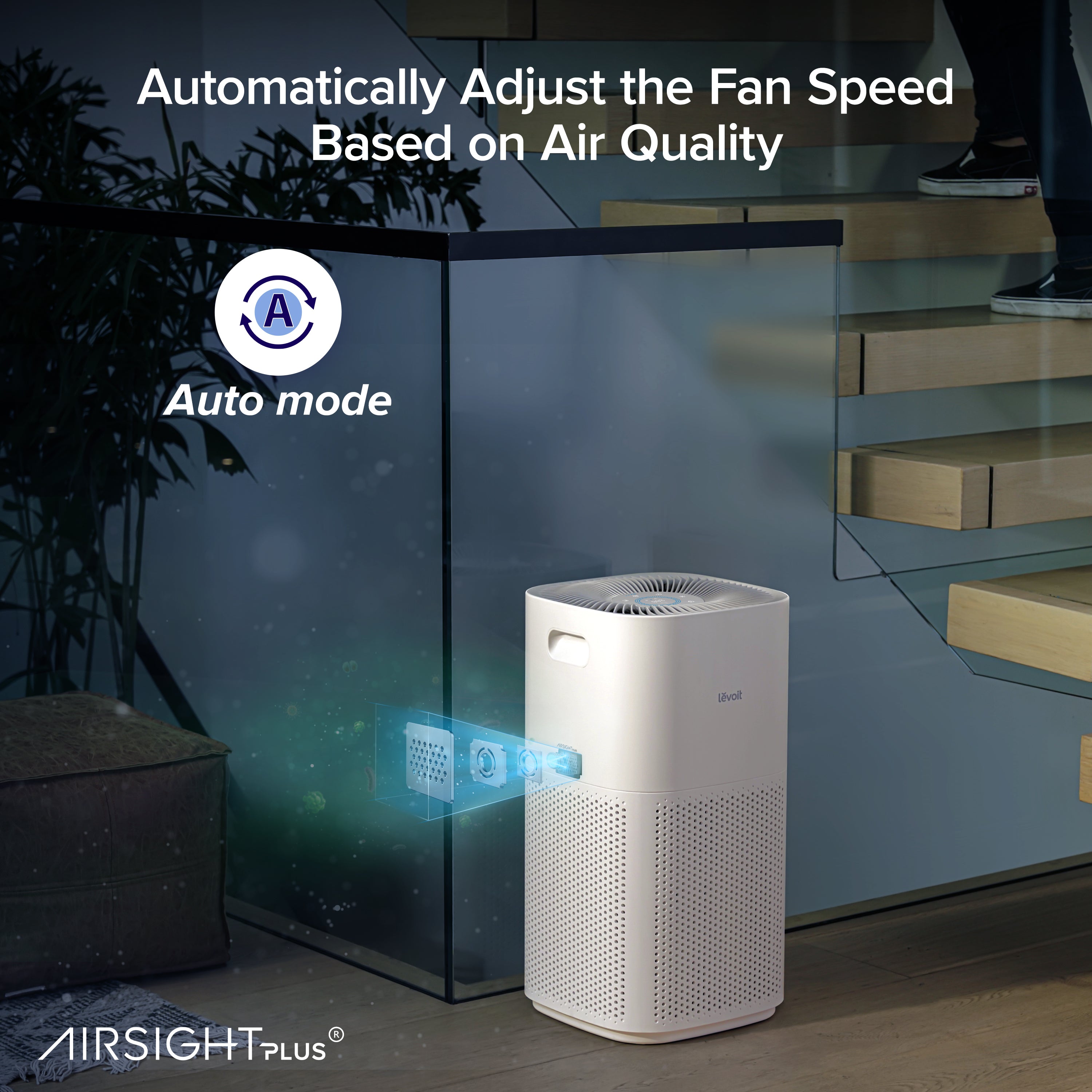 Levoit Core 600S Smart Air Purifier with Auto mode, automatically adjusting fan speed based on air quality using AIRsightPlus technology for optimal purification.