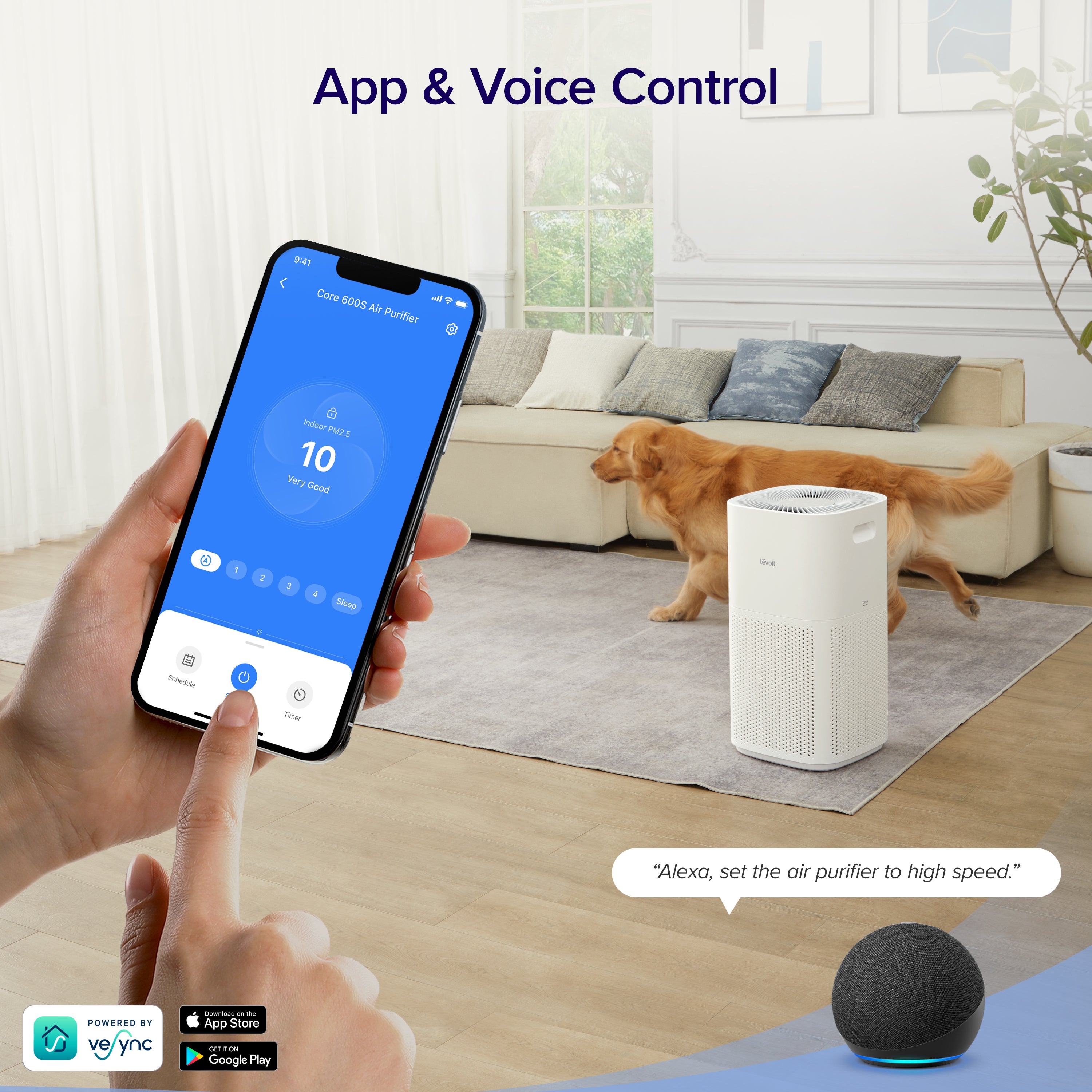 Levoit Core 600S Smart Air Purifier with app and voice control via Alexa, adjusting fan speed for optimal air quality in the living room.