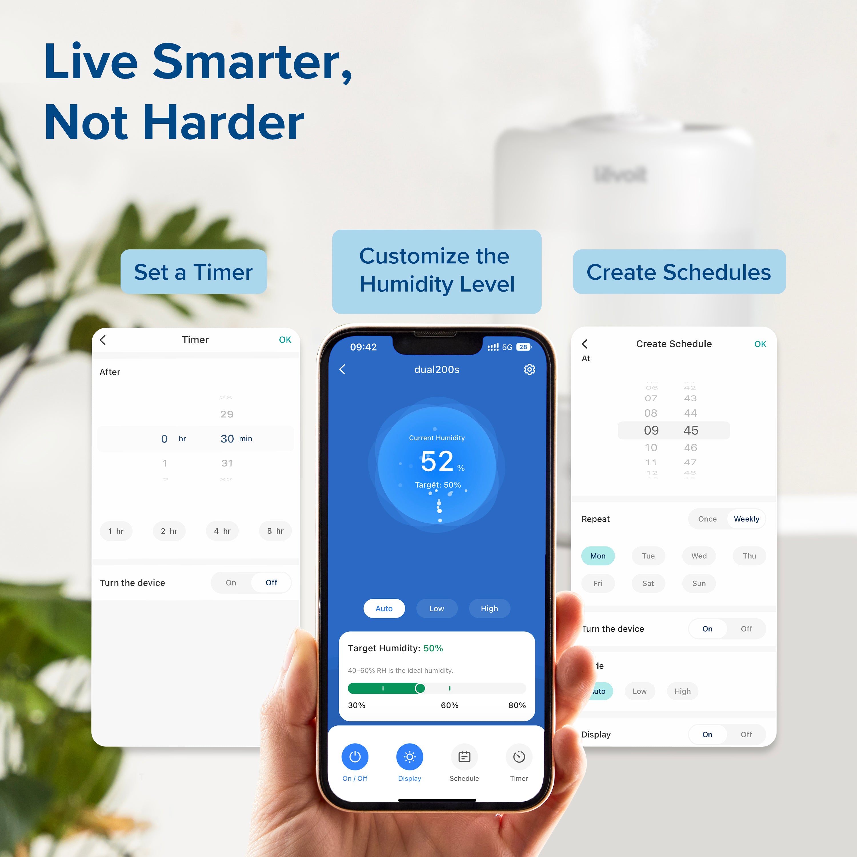 Levoit Dual 200S Smart Humidifier with app control features like timer, humidity customization, and schedule creation for smarter living