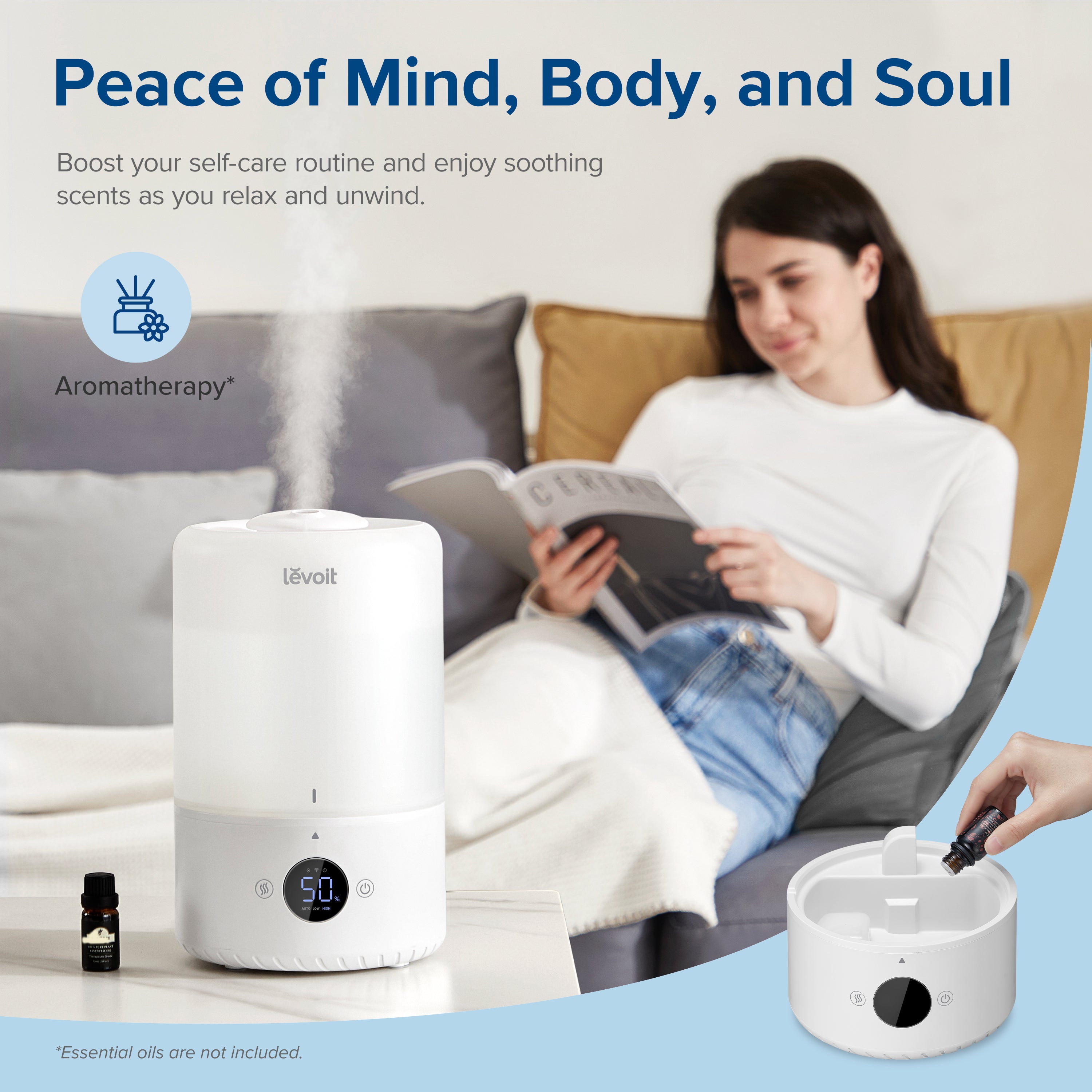 Levoit Humidifier with aromatherapy feature, enhancing your self-care routine with soothing scents for relaxation and wellness