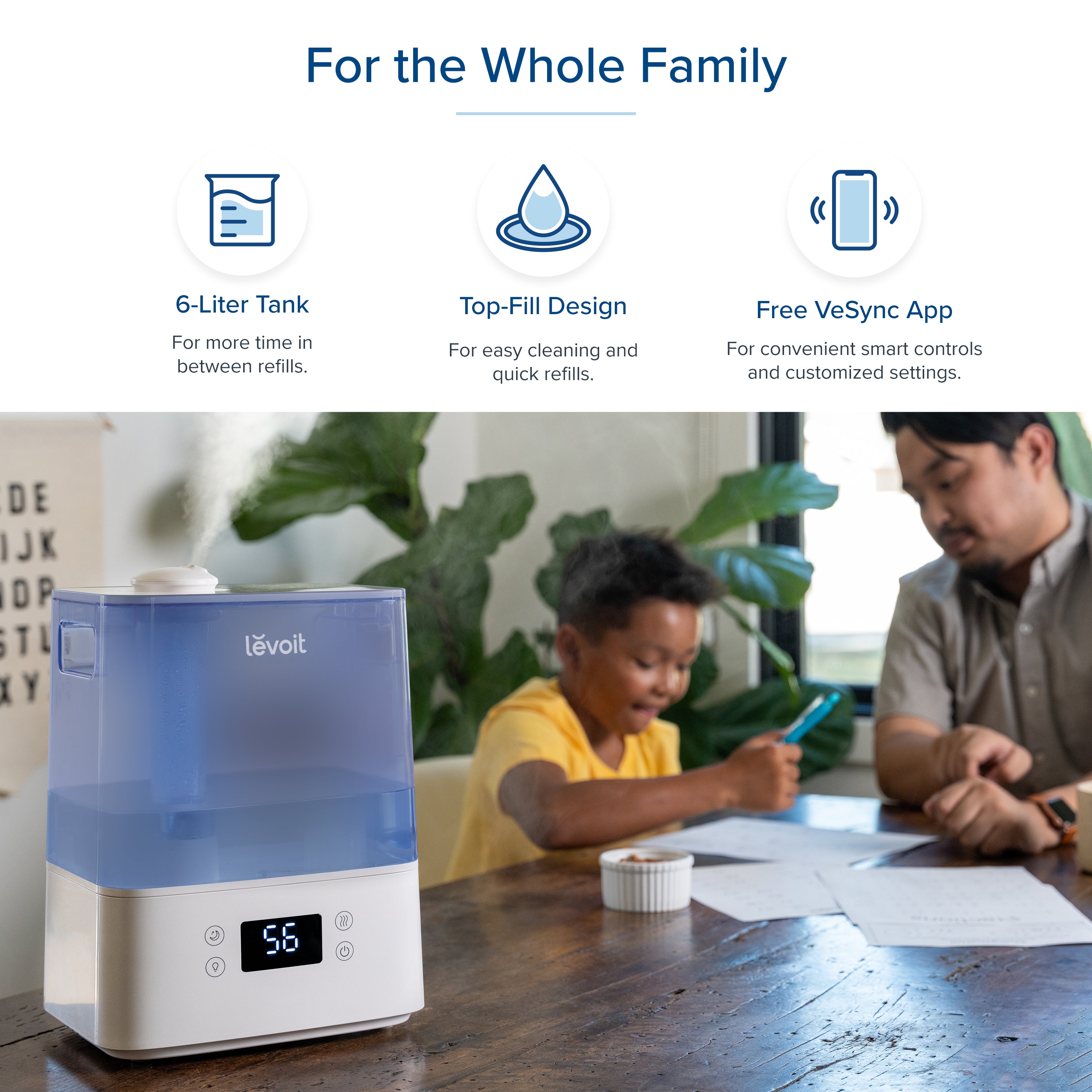 Levoit Classic 300S Humidifier - Blue with 6-liter tank, top-fill design, and free VeSync app for convenient smart controls