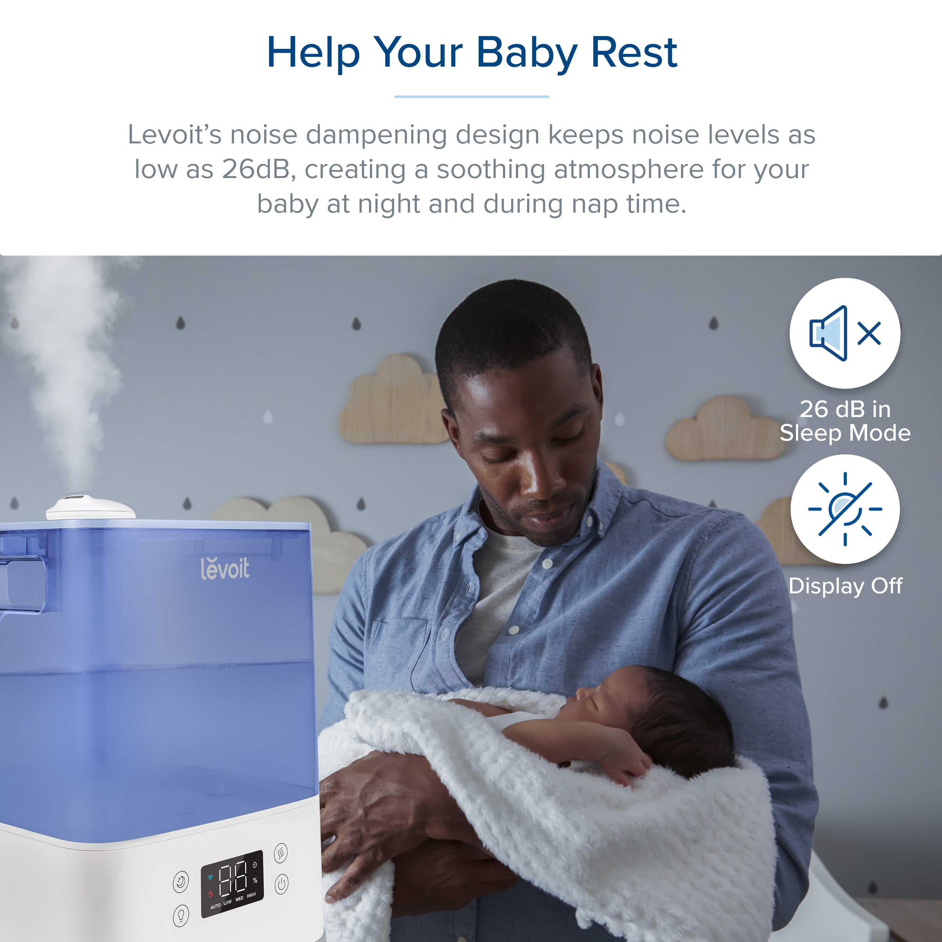 Levoit Classic 300S Humidifier - Blue with noise-dampening design, 26dB sleep mode, and display off feature for a peaceful baby rest