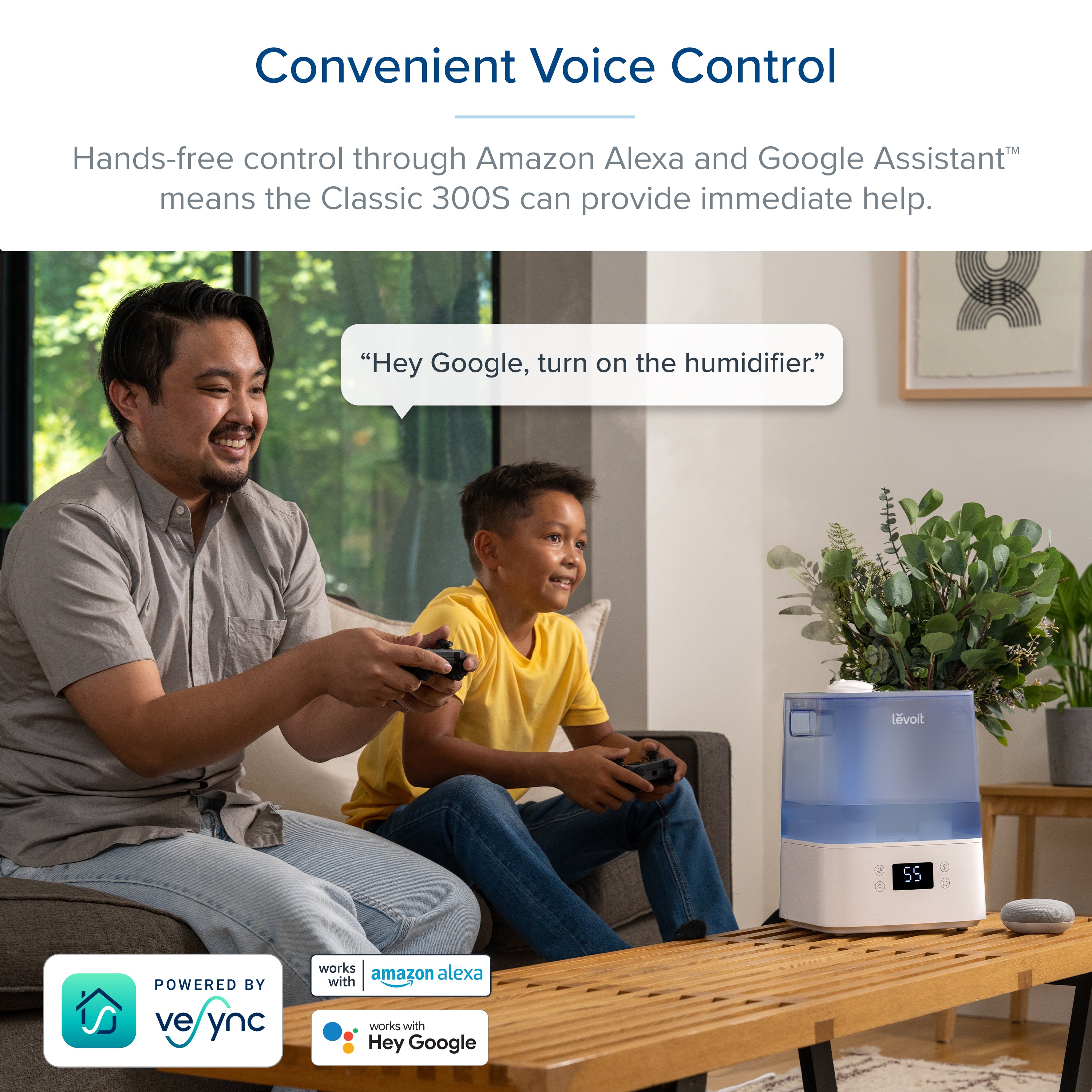 Levoit Classic 300S Humidifier with voice control via Amazon Alexa and Google Assistant for hands-free operation and convenience