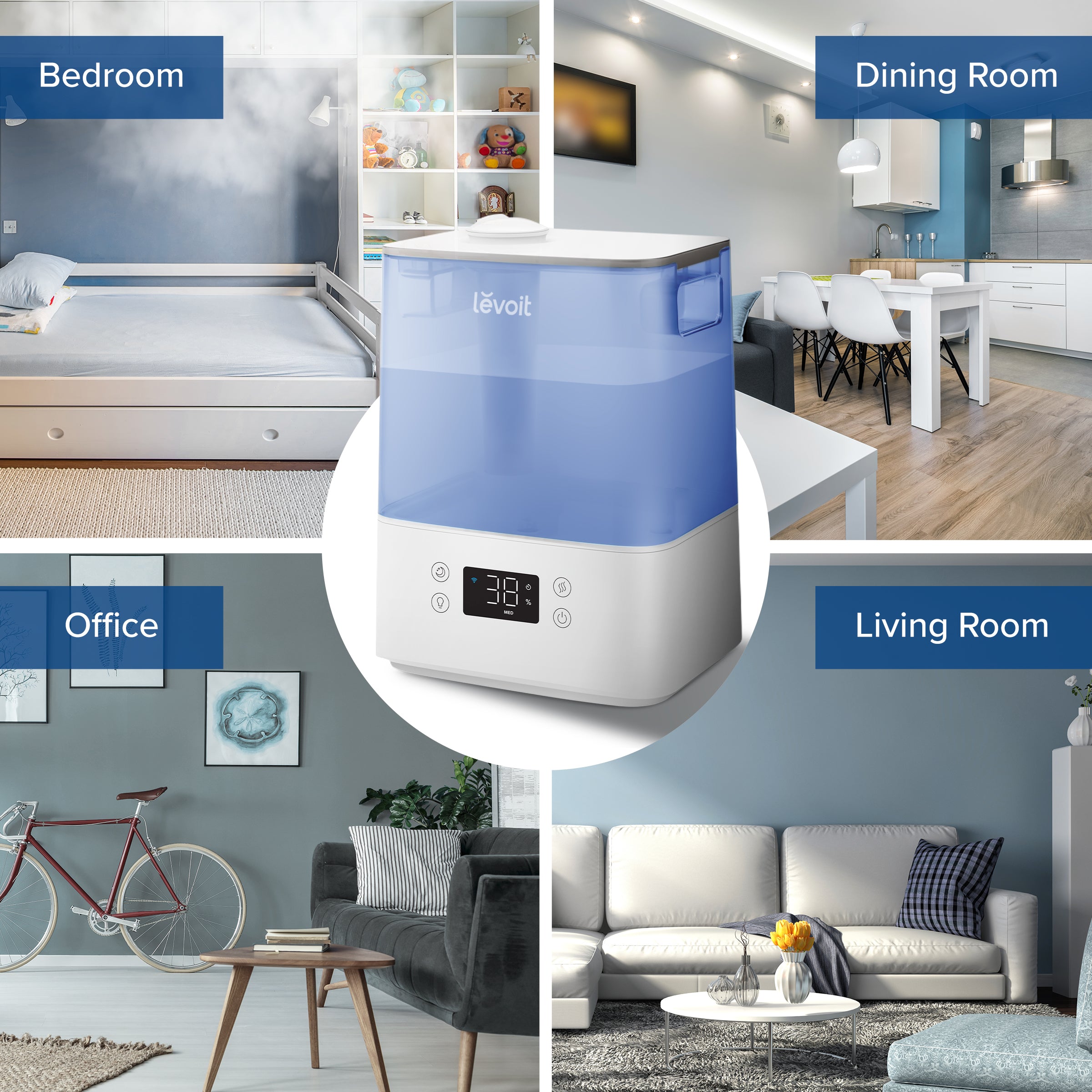 Levoit Classic 300S Humidifier designed for multiple rooms: bedroom, office, dining room, and living room, offering versatile and efficient air humidification